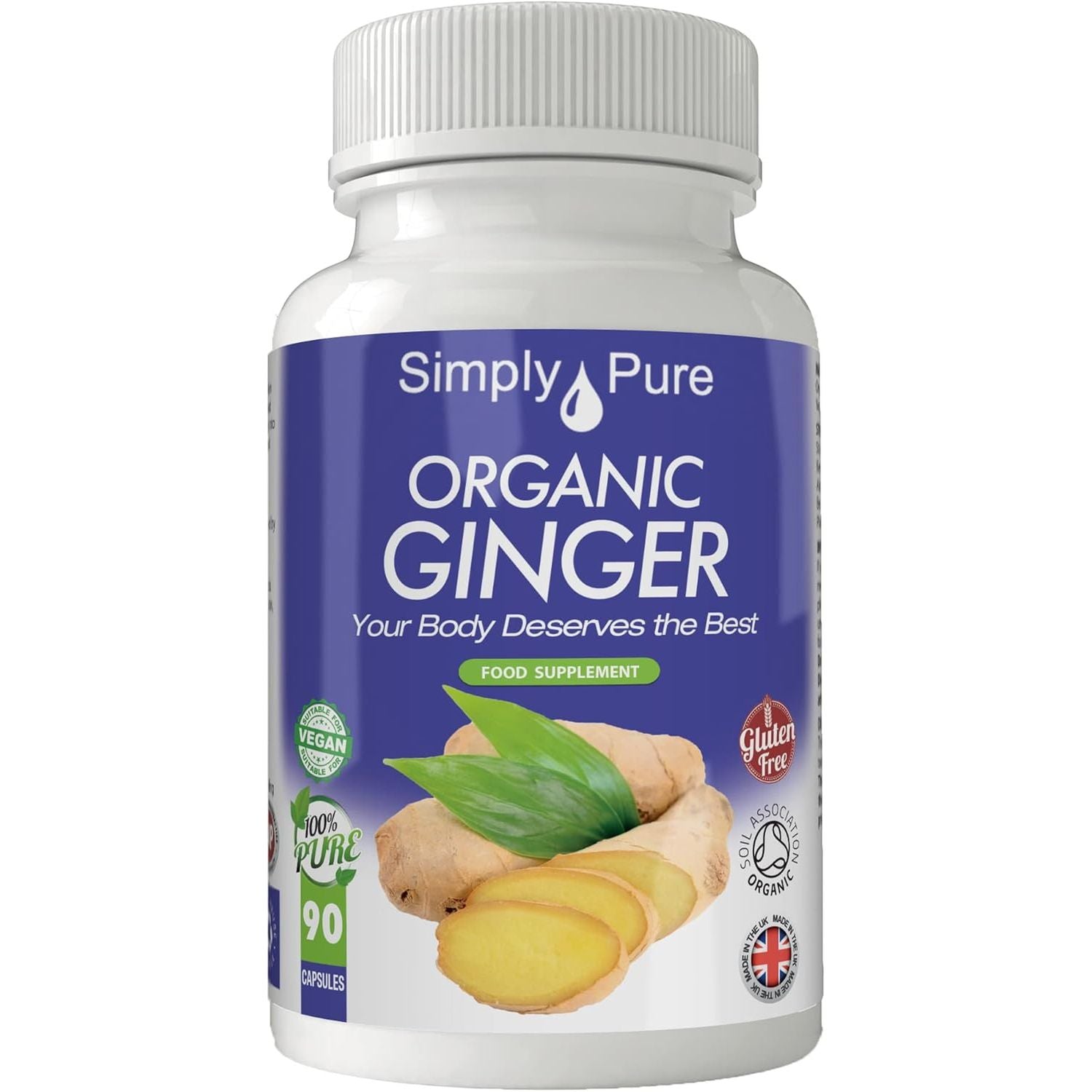 Simply Pure Organic Ginger for Digestive Health & Inflammation | 500 Mg X 90 Capsules | 100% Pure Soil Association Certified | Gluten Free | GM Free | Vegan