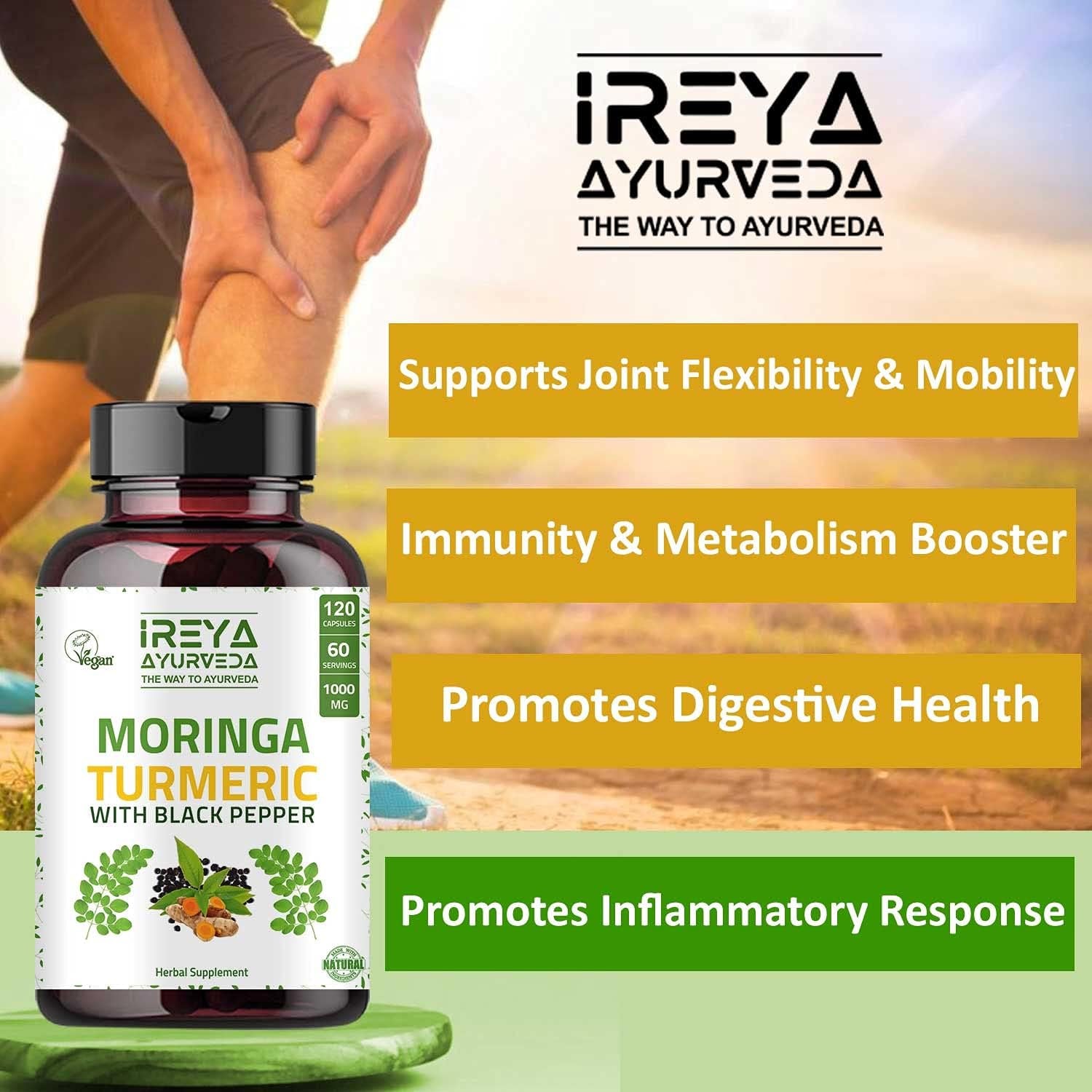Moringa Oleifera Powder & Turmeric Root Powder with Black Pepper 120 Capsules | Immunity & Metabolism Support, Joint and Digestive Support. Vegan, Gluten-Free and Non-Gmo