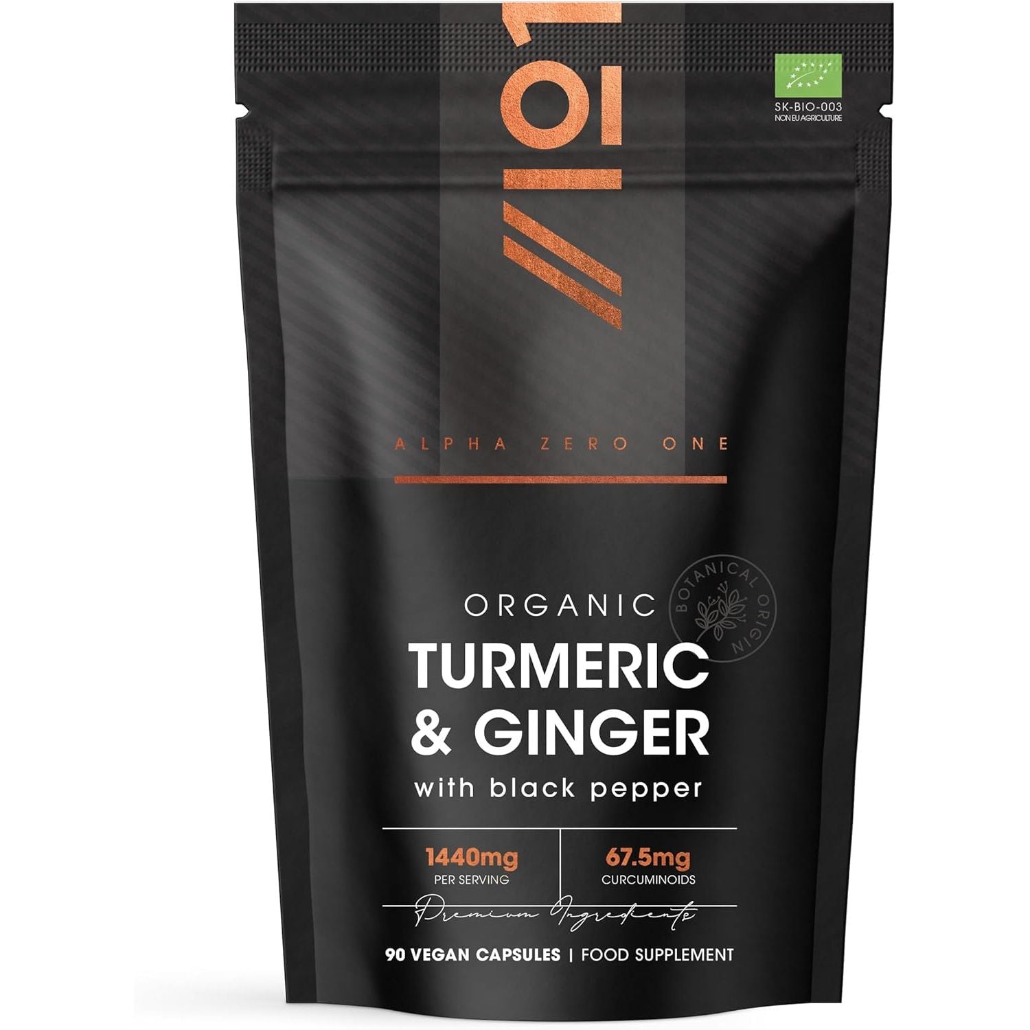 Organic Turmeric 1440Mg with Ginger & Black Pepper - High Strength Curcuminoids - 90 Vegan Capsules - Resealable and Recyclable Pouch - by Alpha01