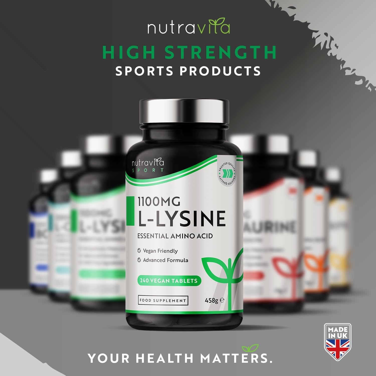 L-Lysine 1100Mg High Strength - 240 Vegan & Gluten Free Tablets (8 Month Supply) - Cold Sore Treatment, Essential Amino Acid Supplement - Normal Growth and Muscle Turnover - Made in the UK - Nutravita