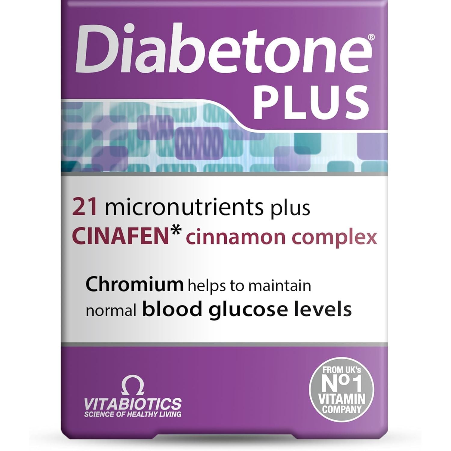 Diabetone plus with CINAFEN Complex: Cinnamon, Fenugreek and Chromium and 21 Micronutrients for Improved Blood Sugar Level and Diabetes Management, by Vitabiotics