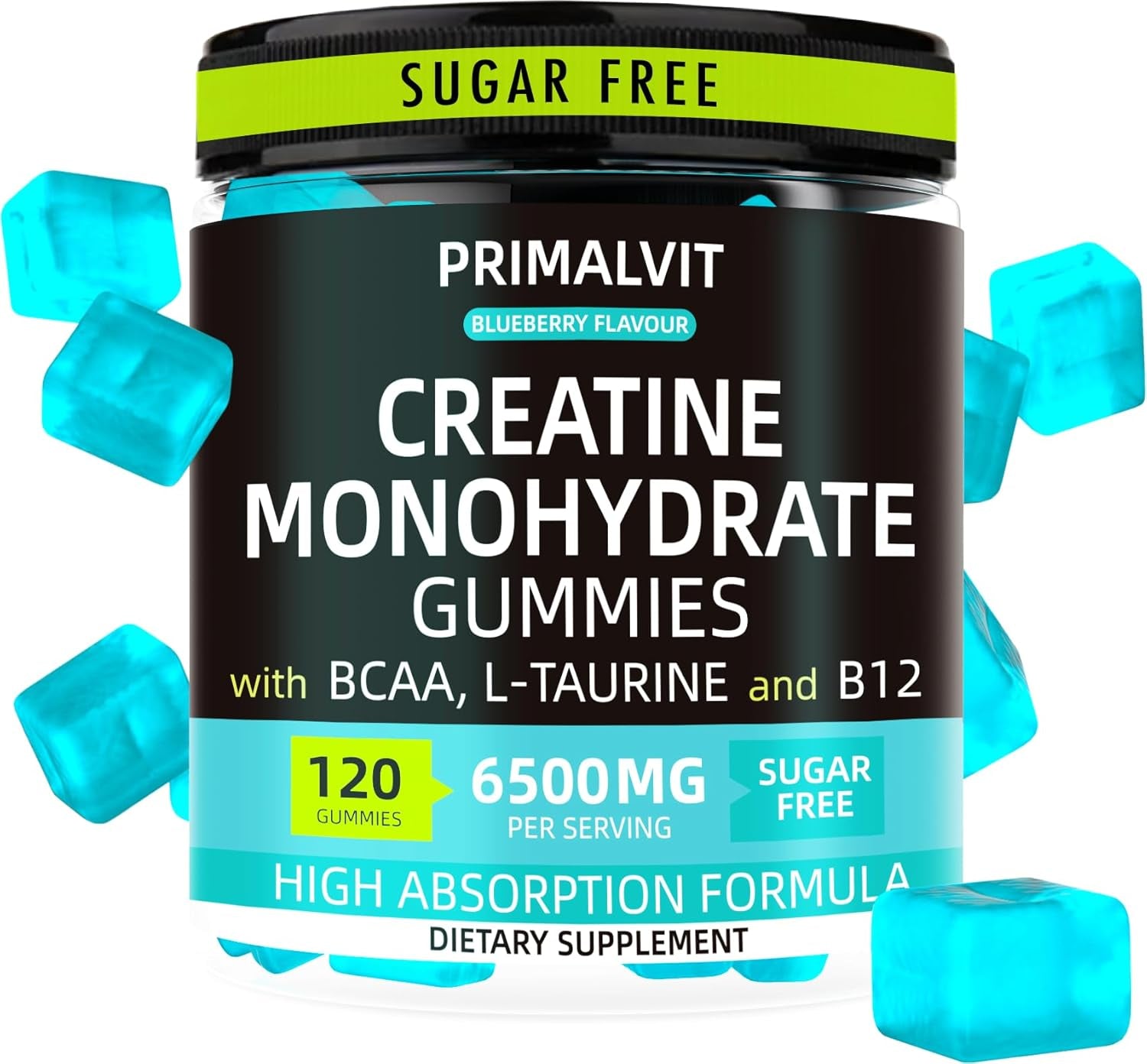 120 Creatine Gummies 6500Mg Sugar-Free Complex – Pre-Workout Creatine Monohydrate + BCAA, L-Taurine, B12 – Max Strength Chewable Gym Supplement – Vegan Gummy Chews for Men & Women – Primalvit