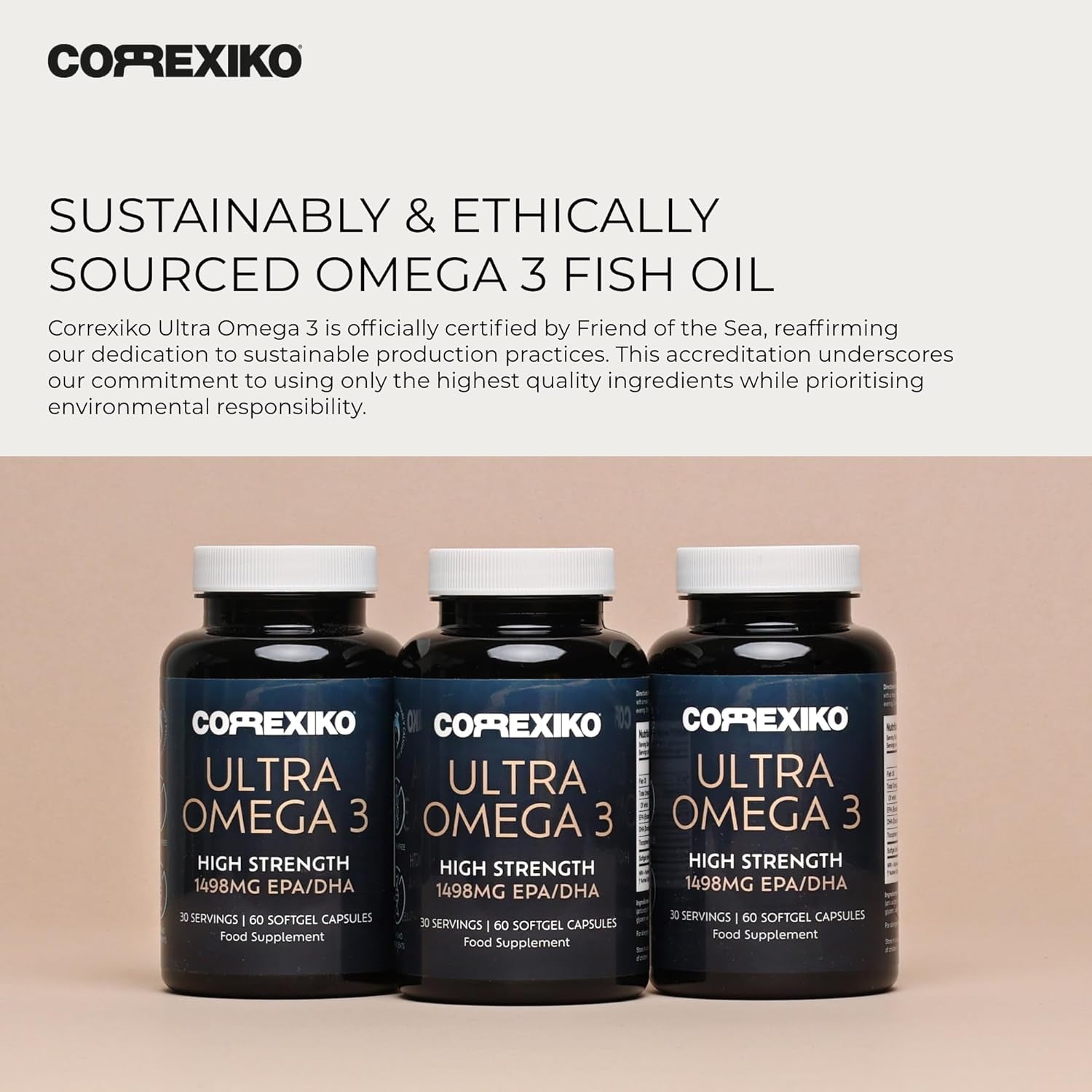 CORREXIKO Ultra Omega 3 Capsules - High Strength 1000Mg EPA & 498Mg DHA - Aids Skin Hydration to Reduce Fine Lines & Dry, Dehydrated Skin - Supports Joint & Brain Health - 60 Tablets, 1 Month Supply