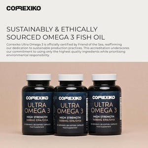 CORREXIKO Ultra Omega 3 Capsules - High Strength 1000Mg EPA & 498Mg DHA - Aids Skin Hydration to Reduce Fine Lines & Dry, Dehydrated Skin - Supports Joint & Brain Health - 60 Tablets, 1 Month Supply