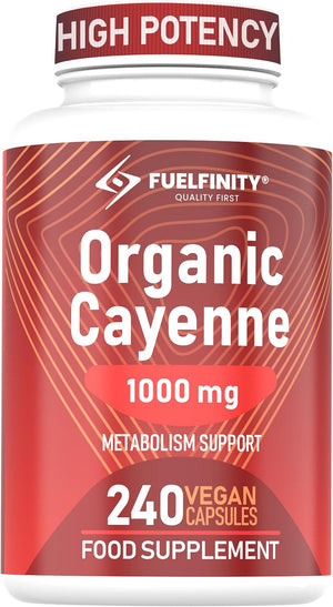 High Strength: Organic Cayenne Pepper Capsules - 1000Mg Capsicum - 240 Capsules - Fat Management Aid Loss - Cayenne Pepper Supplement - Vegan - Fuelfinity® Superlative Quality (1 Pack)