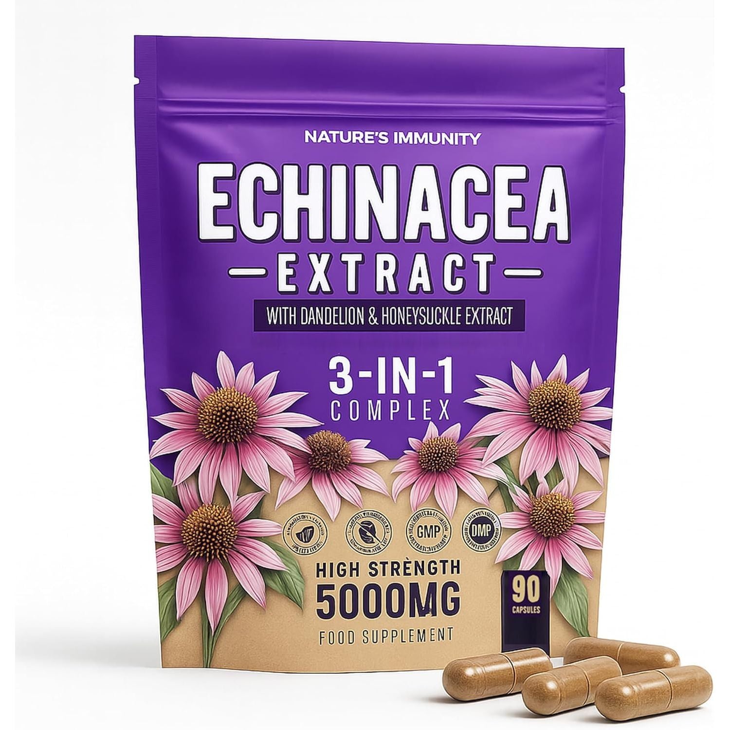 Echinacea Capsules High Strength - 5000Mg Echinacea with Dandelion & Honeysuckle - Food Supplement - Vegan - One a Day - 90 Capsules per Pack (1 Single Pack)