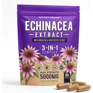 Echinacea Capsules High Strength - 5000Mg Echinacea with Dandelion & Honeysuckle - Food Supplement - Vegan - One a Day - 90 Capsules per Pack (1 Single Pack)