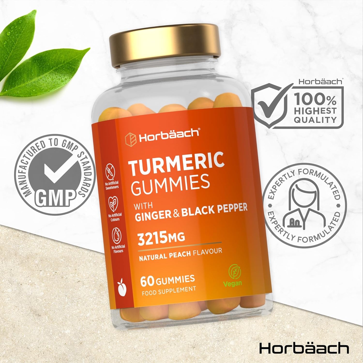 Turmeric Gummies with Black Pepper & Ginger 3215Mg | High Strength Turmeric Curcumin Supplement | 60 Vegan Gummies | Natural Peach Flavour - Tablet Alternative | by Horbaach