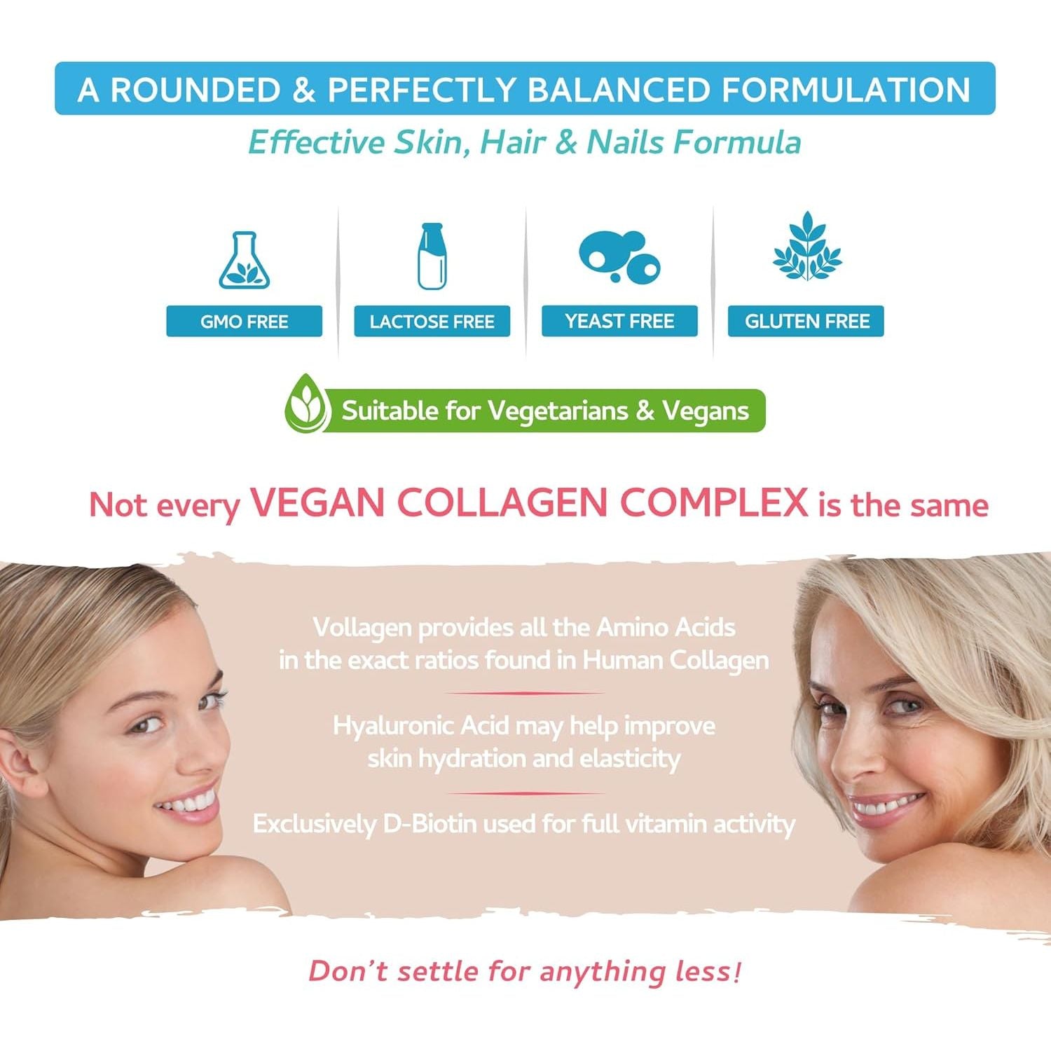 Vegan Collagen & Hyaluronic Acid Complex - 60 Capsules - Effective Skin, Hair & Nails Formula with 500Mg of Vollagen in the Exact Amino Ratios of Human Collagen - D-Biotin, Seaweed, Vitamins E&C