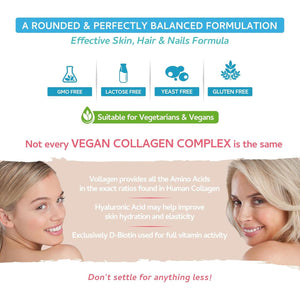 Vegan Collagen & Hyaluronic Acid Complex - 60 Capsules - Effective Skin, Hair & Nails Formula with 500Mg of Vollagen in the Exact Amino Ratios of Human Collagen - D-Biotin, Seaweed, Vitamins E&C