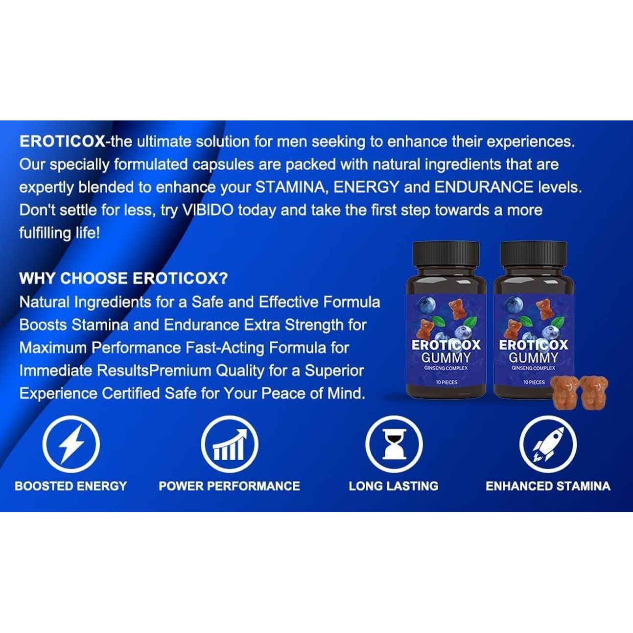 EROTICOX 500Mg | Stronger | Longer | Harder | Performance | Extra Strength Enhancing, Stamina Endurance Booster Supplement for Men | 10 Ginseng Blue Barry Flavour Gummy