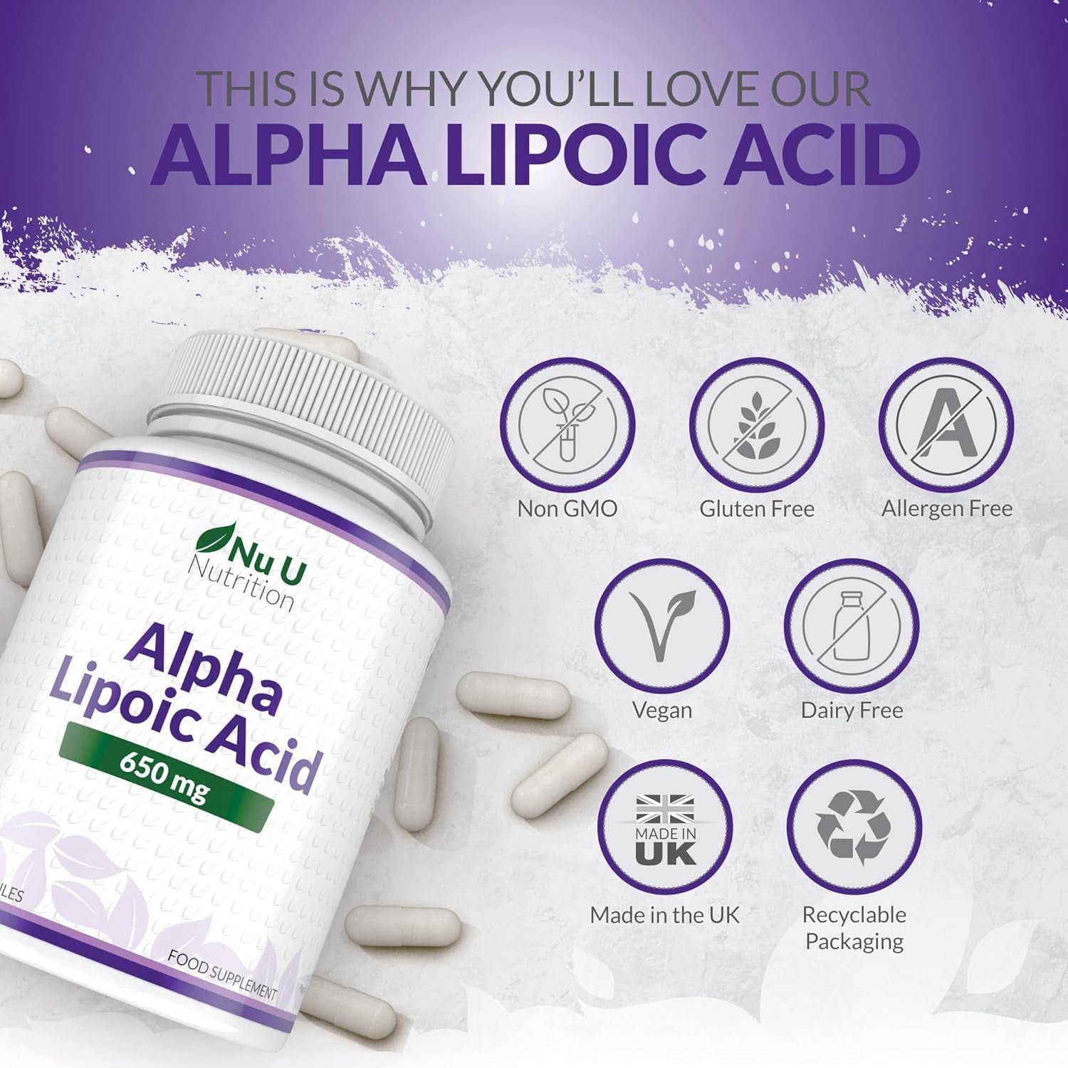 Alpha Lipoic Acid 650Mg - 150 High Strength Vegan ALA Capsules - 5 Month Supply - Amino Acid Supplement - Made in the UK - Nu U Nutrition