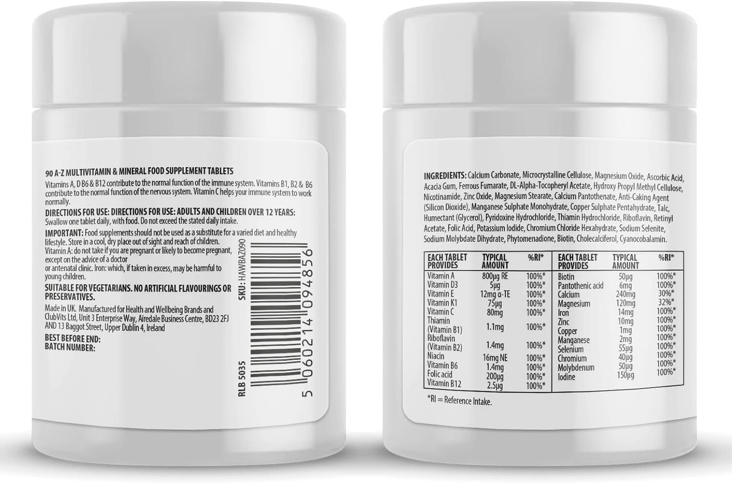A-Z Multivitamin and Minerals Tablets, Vitamins for Men'S and Women'S, 23 High Strength Vitamins and Minerals Including Iron, Zinc Vitamin C and More (90)