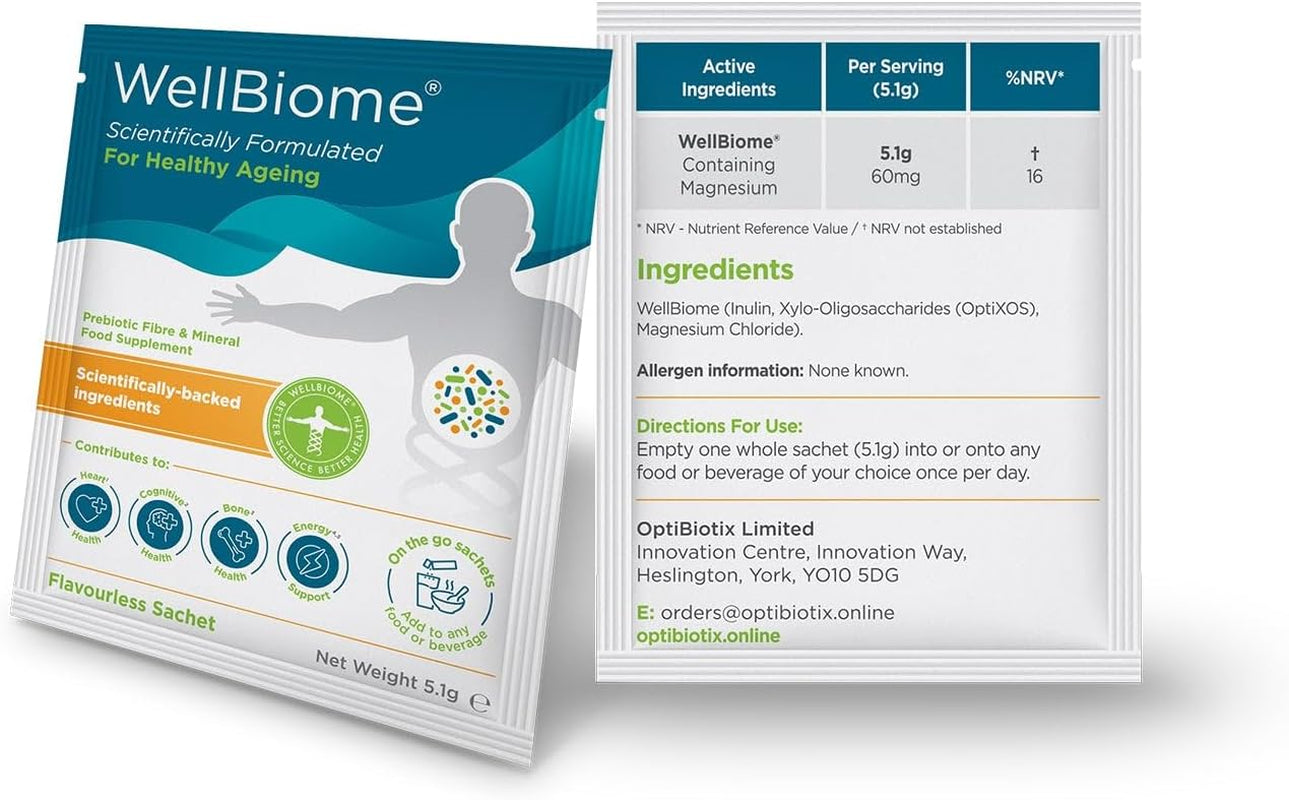 Prebiotic Fibre Complex for Gut Health by Wellbiome – Probiotic Support, Digestive Wellness, Immune System Support – Magnesium for Anxiety, Mood & Energy – 30 Servings