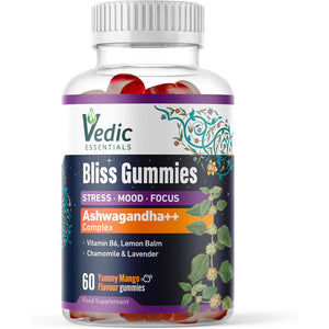 Vedic Bliss Gummies- Stress, Mood, Focus | Sugar Free Ashwagandha Gummies with Chamomile, Lemon Balm, Lavender, VIT B6 | Stress & Anxiety Gummy | High Strength Ashwagandha, Vegan, Yummy Mango Flavor