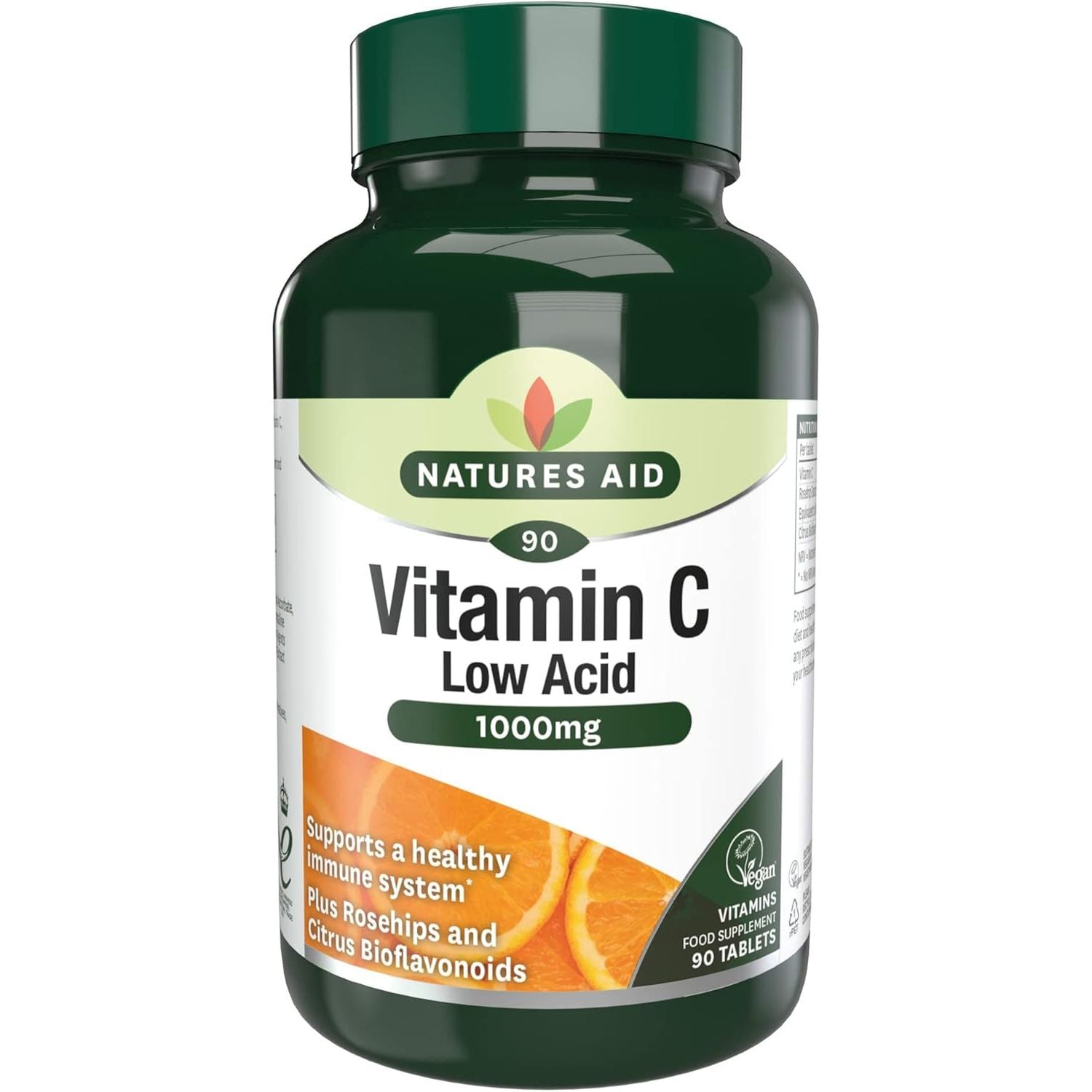 Natures Aid Low Acid Vitamin C 1000Mg – High Strength Immune Support, Antioxidant Protection – Gentle on Stomach – Supports Collagen, Skin, Energy & Iron Absorption – Vegan - 90 Tablets