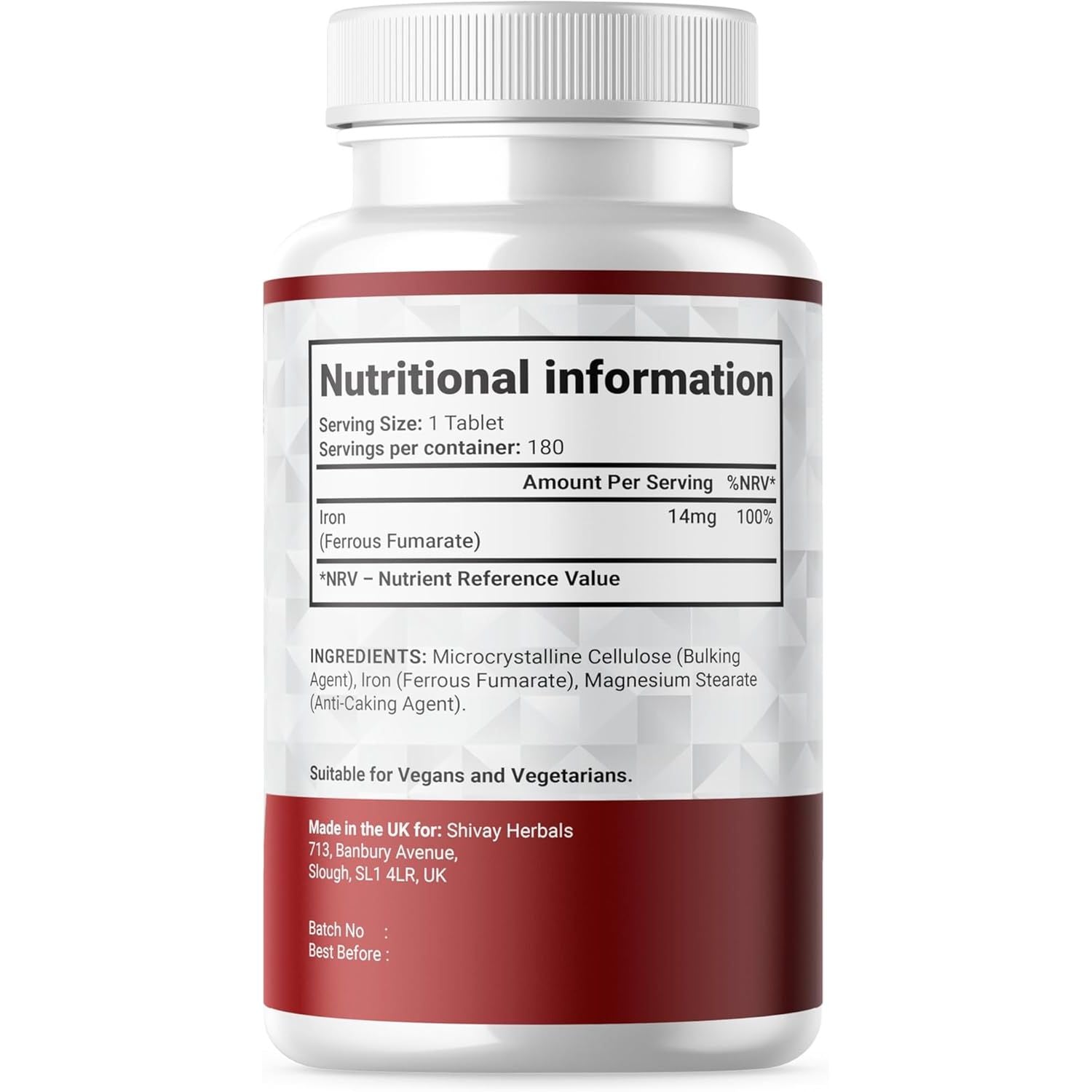 Iron 14Mg Tablets | 180 Vegan Tablets - 6 Month Supply | High Strength Ferrous Fumarate Supplement | for Tiredness & Fatigue | Made in the UK by Shivay Herbals