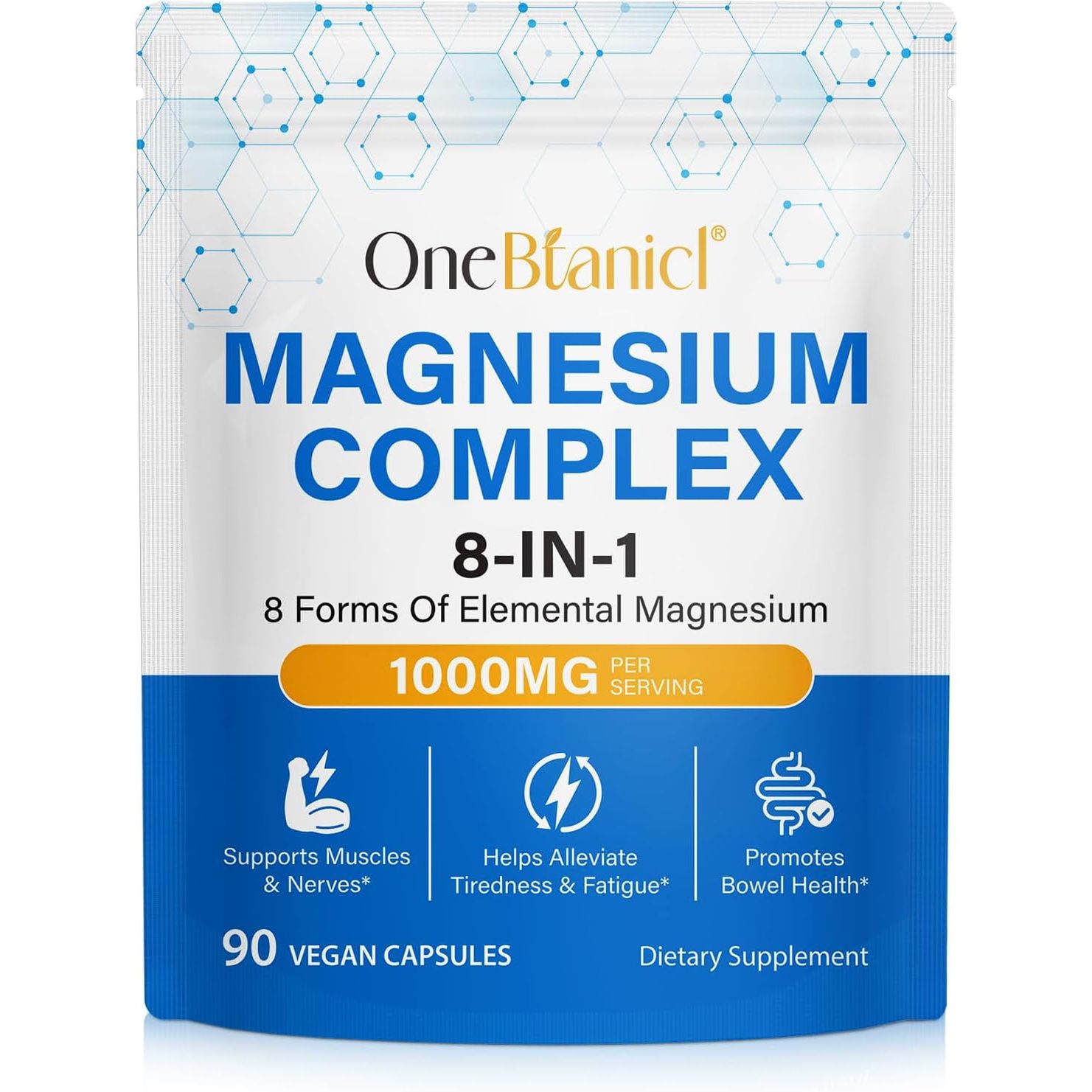 Magnesium Glycinate 3-In-1 Complex, 1000Mg per Serving as Bisglycinate, Citrate & Malate 90 Vegan Capsules, Promotes Bowel Health, Helps Alleviate Tiredness & Fatigue, Supports Muscles & Nerves
