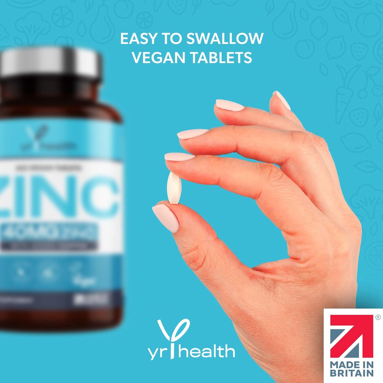 Vegan Zinc Tablets High Strength 40Mg - 365 Premium Zinc Gluconate Tablets - Zinc Supplements, 12 Month'S Supply - Zinc and Copper Supplement - Zinc 40Mg - Made in the UK by Yrhealth