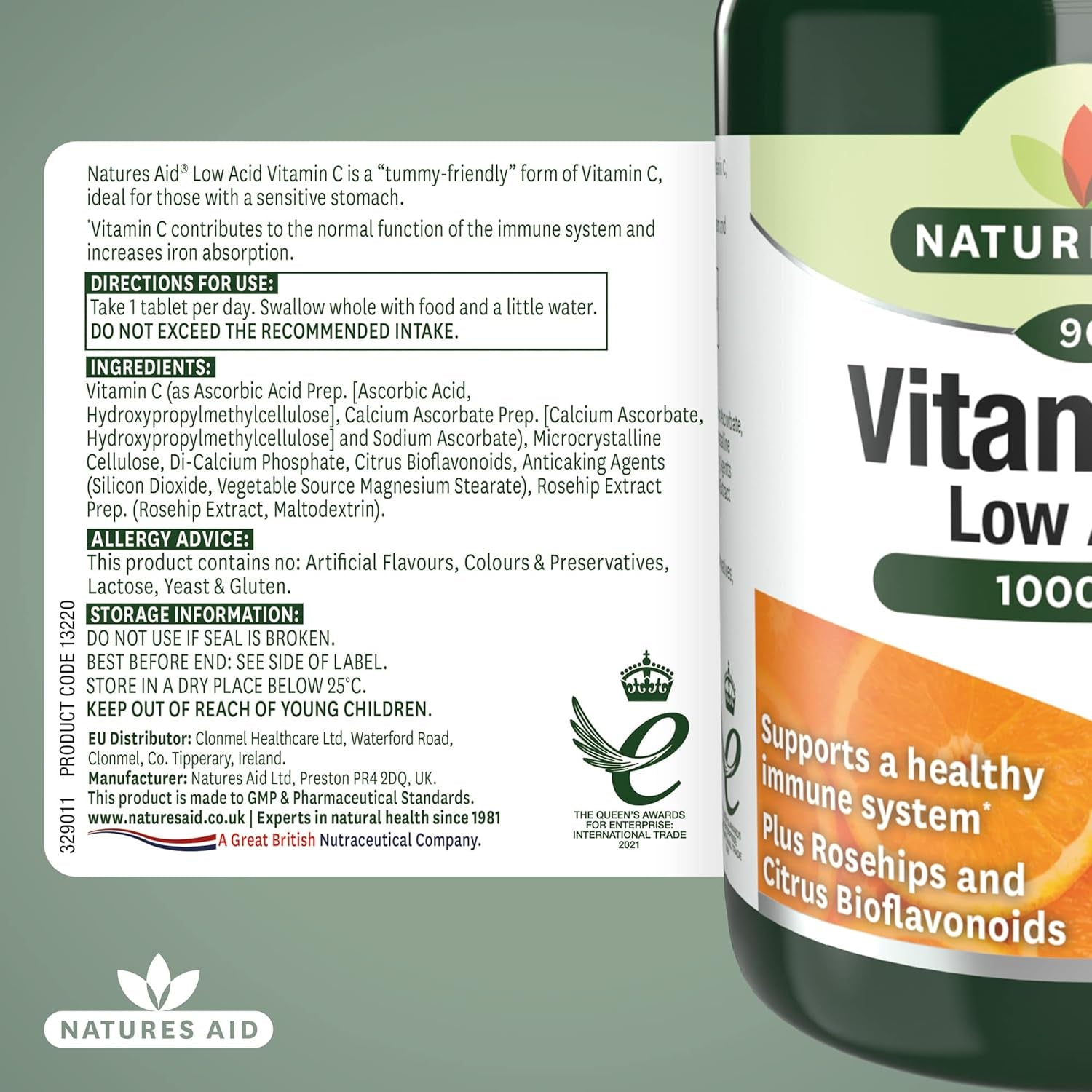Natures Aid Low Acid Vitamin C 1000Mg – High Strength Immune Support, Antioxidant Protection – Gentle on Stomach – Supports Collagen, Skin, Energy & Iron Absorption – Vegan - 90 Tablets