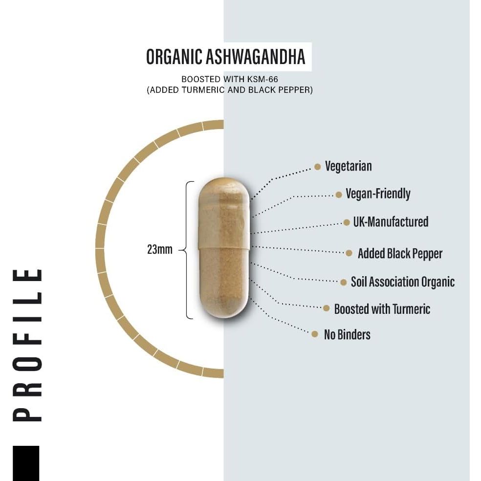 Organic Ashwagandha Capsules 1200Mg - Boosted with 1000Mg of Organic KSM-66 with 5% Withanolides (From 100Mg Extract Ratio 10:1) - Added Turmeric 100Mg and Black Pepper - UK Manufactured