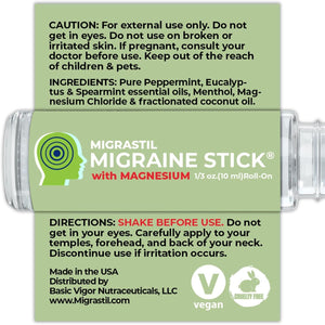 MIGRASTIL Migraine Stick with Magnesium Cooling Peppermint Eucalyptus Essential Oil Topical Magnesium for Headache Support. Made in the USA 10 Ml