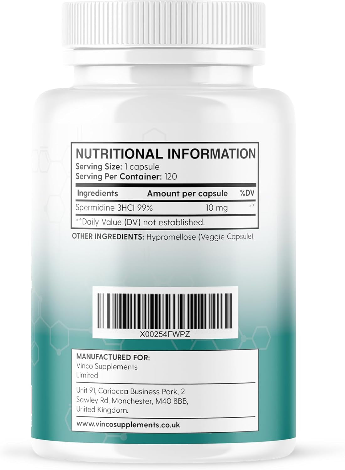 Vinco Spermidine Supplement - 10Mg X 120 High Strength Spermidine Capsules - 99% Purity - Supports Healthy Ageing & Longevity - Non GMO & Gluten Free - Made in the UK