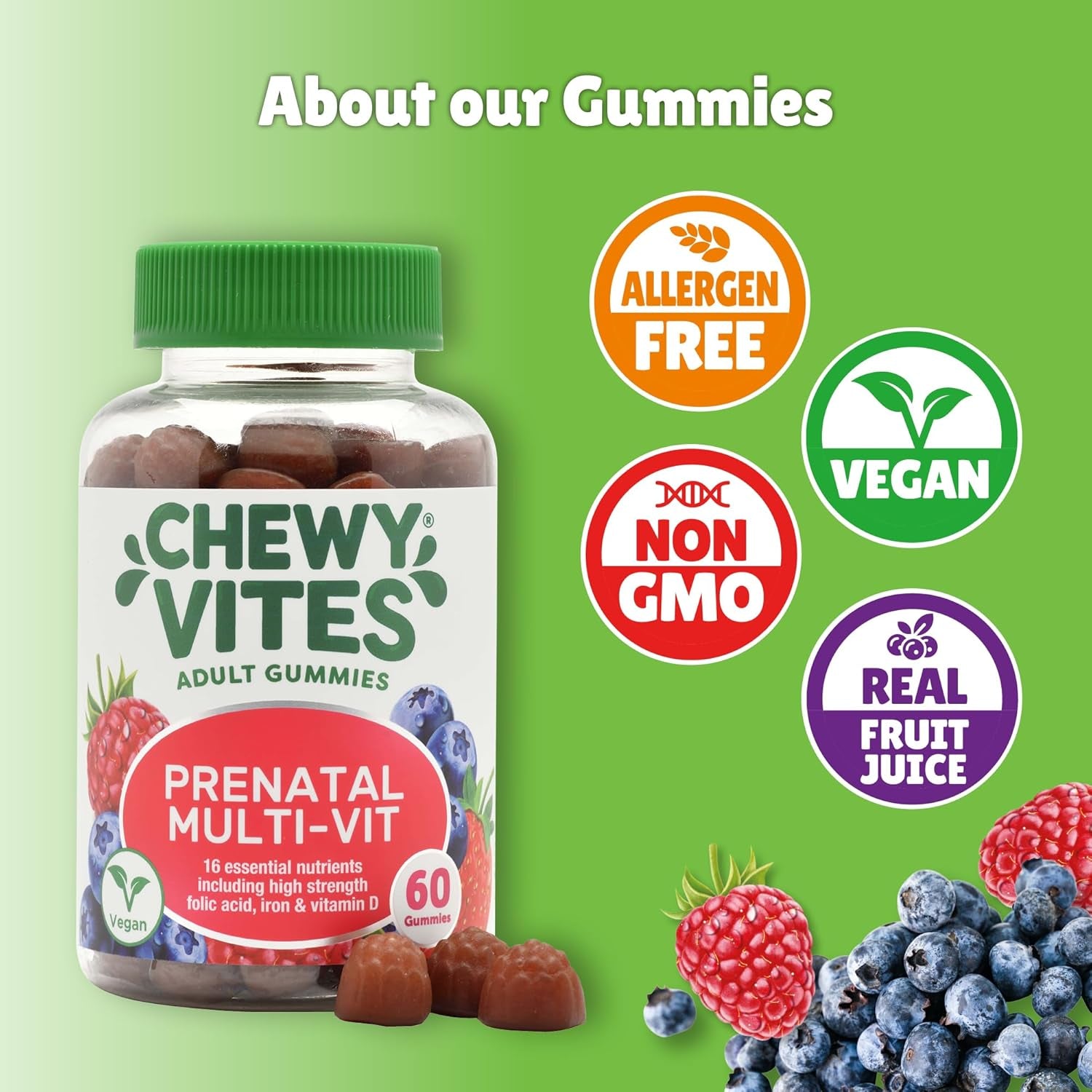 Chewy Vites Women'S Prenatal Multivitamin, 60 Multivitamin Gummies, 16 Essential Nutrients with Folic Acid, Iron and Vitamin D, 1 Month Supply, Vegan, Blueberry and Raspberry Flavour