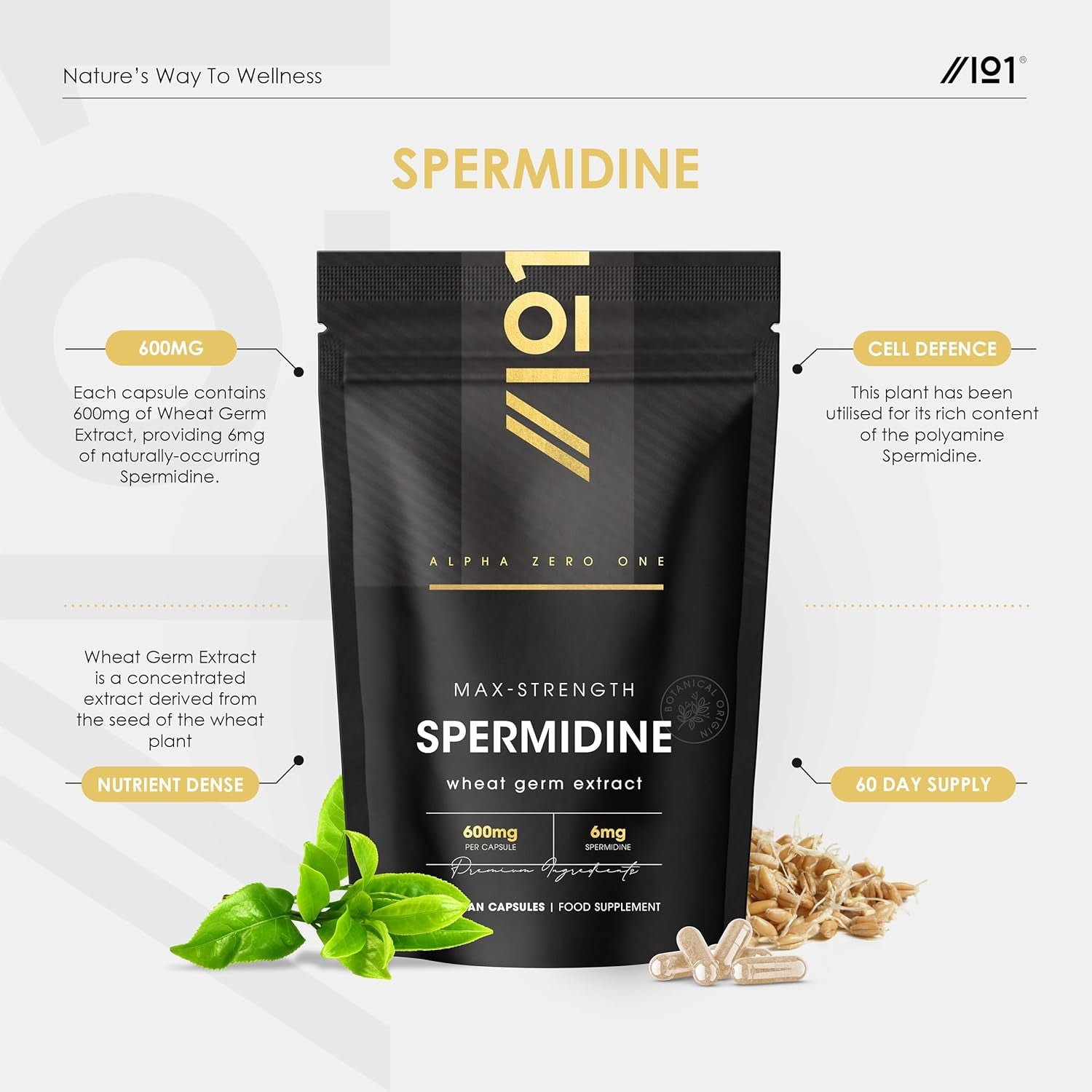 Spermidine Wheat Germ Extract – 600Mg per Capsule - 6Mg Spermidine High Strength Supplement – 60 Vegan Capsules (2 Months Supply) by Alpha01