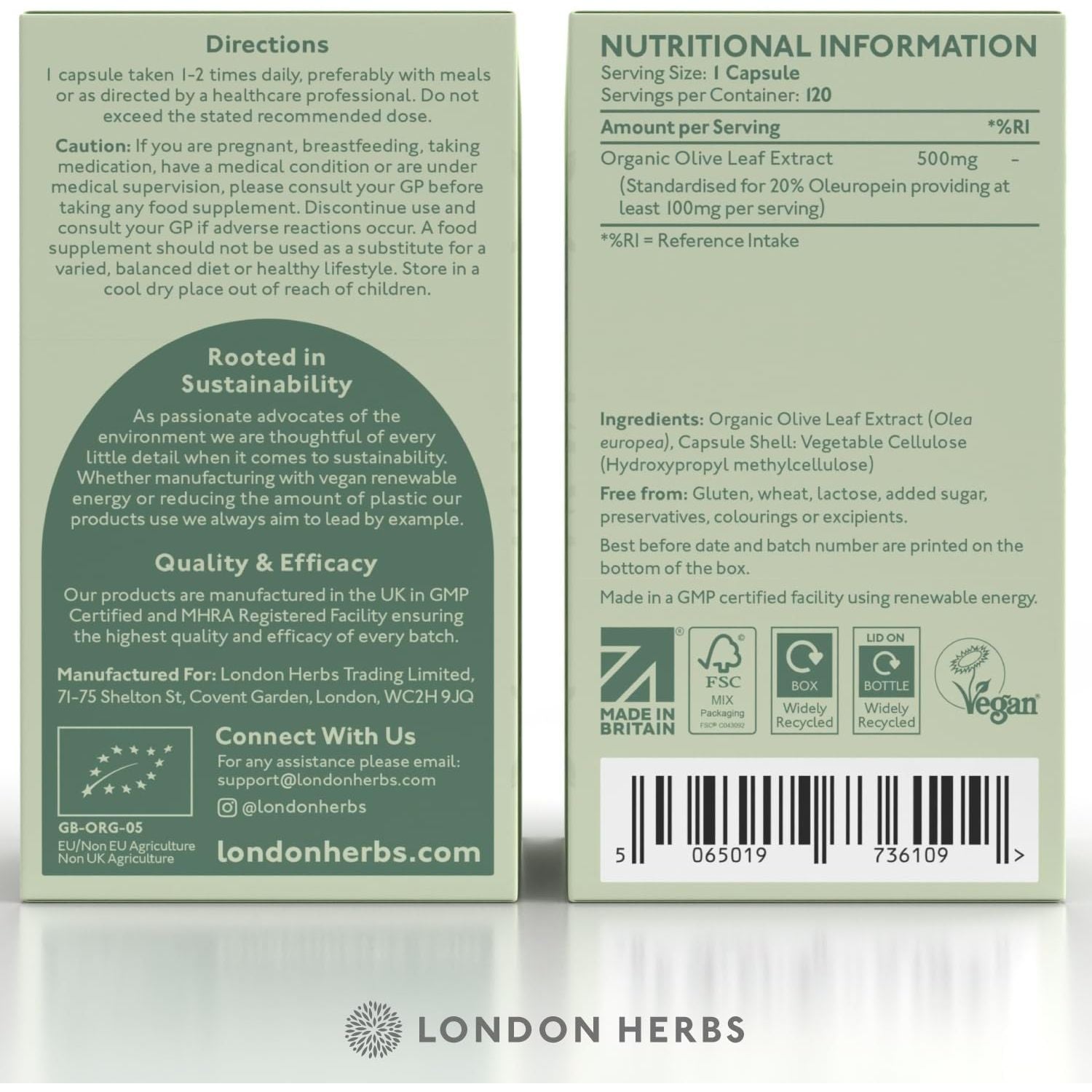 Organic Olive Leaf Extract 500Mg | Standardised for 20% Oleuropein | 120 Vegan Capsules | Made in the UK