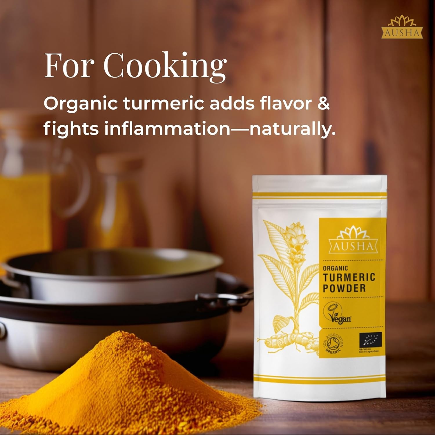 Ausha Organic Turmeric Powder 500G 5-6% High Curcumin - UK Certified Organic by Soil Association - Cooking, Turmeric Shot - 1* Great Taste Award 2023