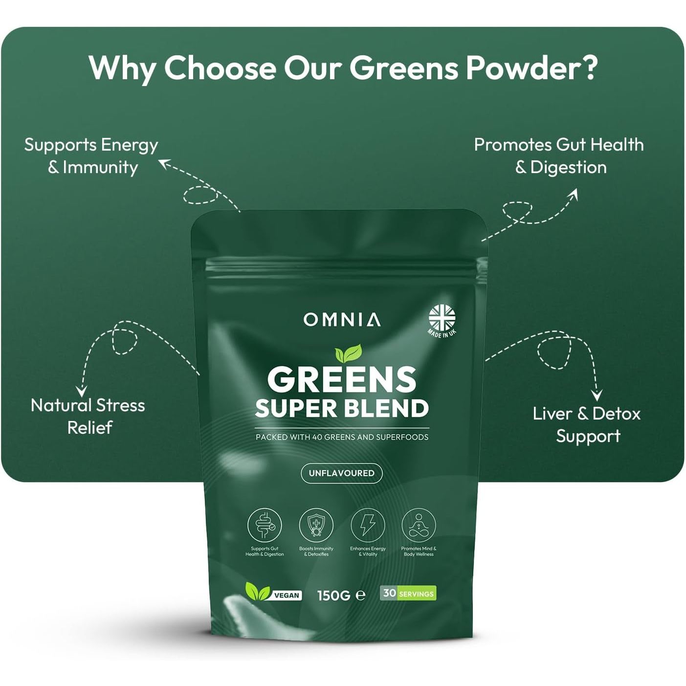 OMNIA Super Greens Powder – 40 Ingredients with Superfoods, Vitamins & Antioxidants – Supports Gut Health, Detox, Energy & Immunity – Vegan-Friendly, Non-Gmo – 30 Servings (210G, Unflavoured)