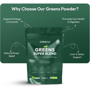 OMNIA Super Greens Powder – 40 Ingredients with Superfoods, Vitamins & Antioxidants – Supports Gut Health, Detox, Energy & Immunity – Vegan-Friendly, Non-Gmo – 30 Servings (210G, Unflavoured)