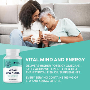 Vimergy Vegan EPA DHA (30 Servings) – Algae Oil Omega 3 – EPA DHA – Omega-3 Oil - Vegan Omega 3 EPA DHA Softgel Made without Gelatin – Non-Gmo, Gluten Free, Kosher (90 Count)