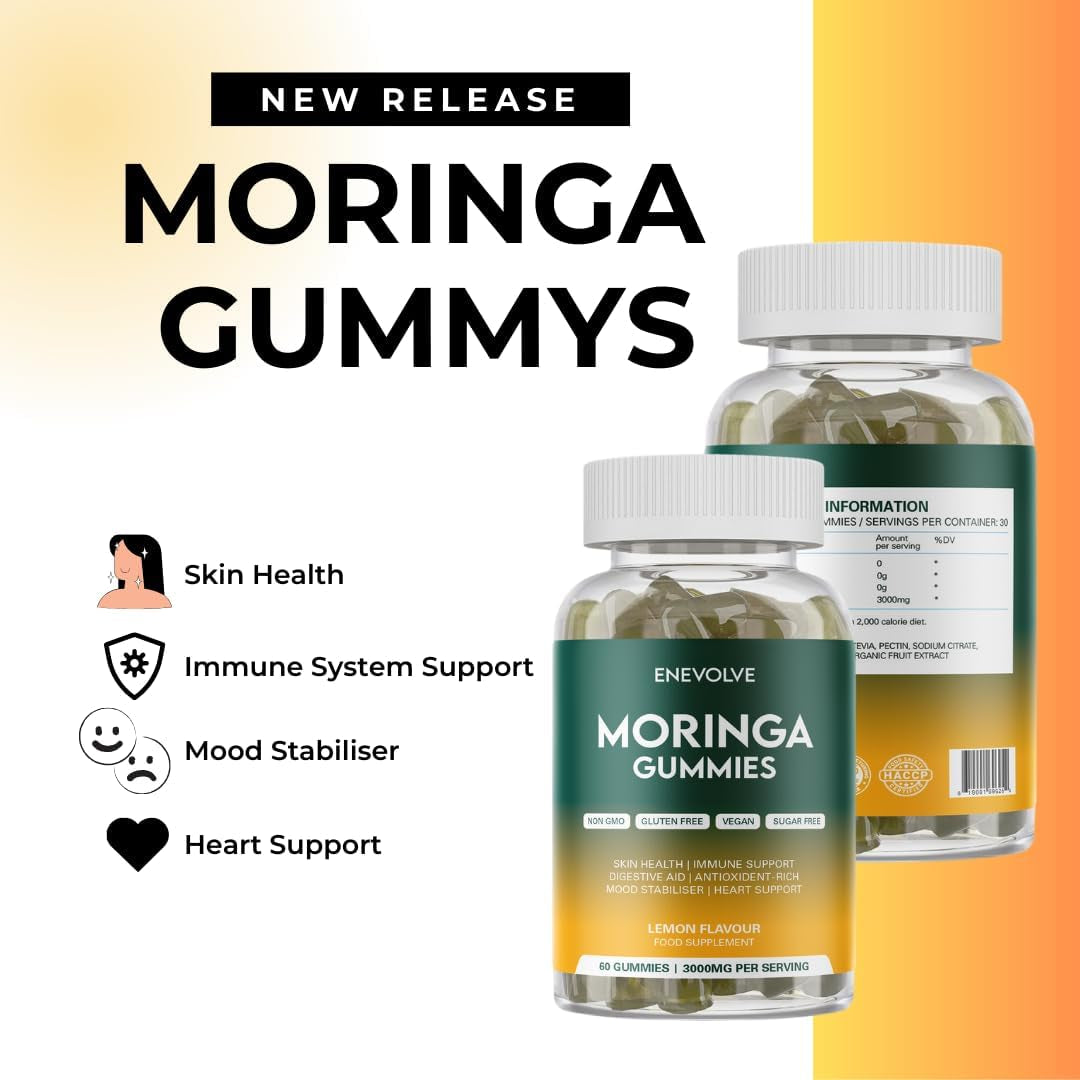 Enevolve Pure Moringa Leaf Gummies Supplement 3000Mg, High Strength, Skin Booster, Mood Stabaliser, Immune Support, Sugar Free, Lemon