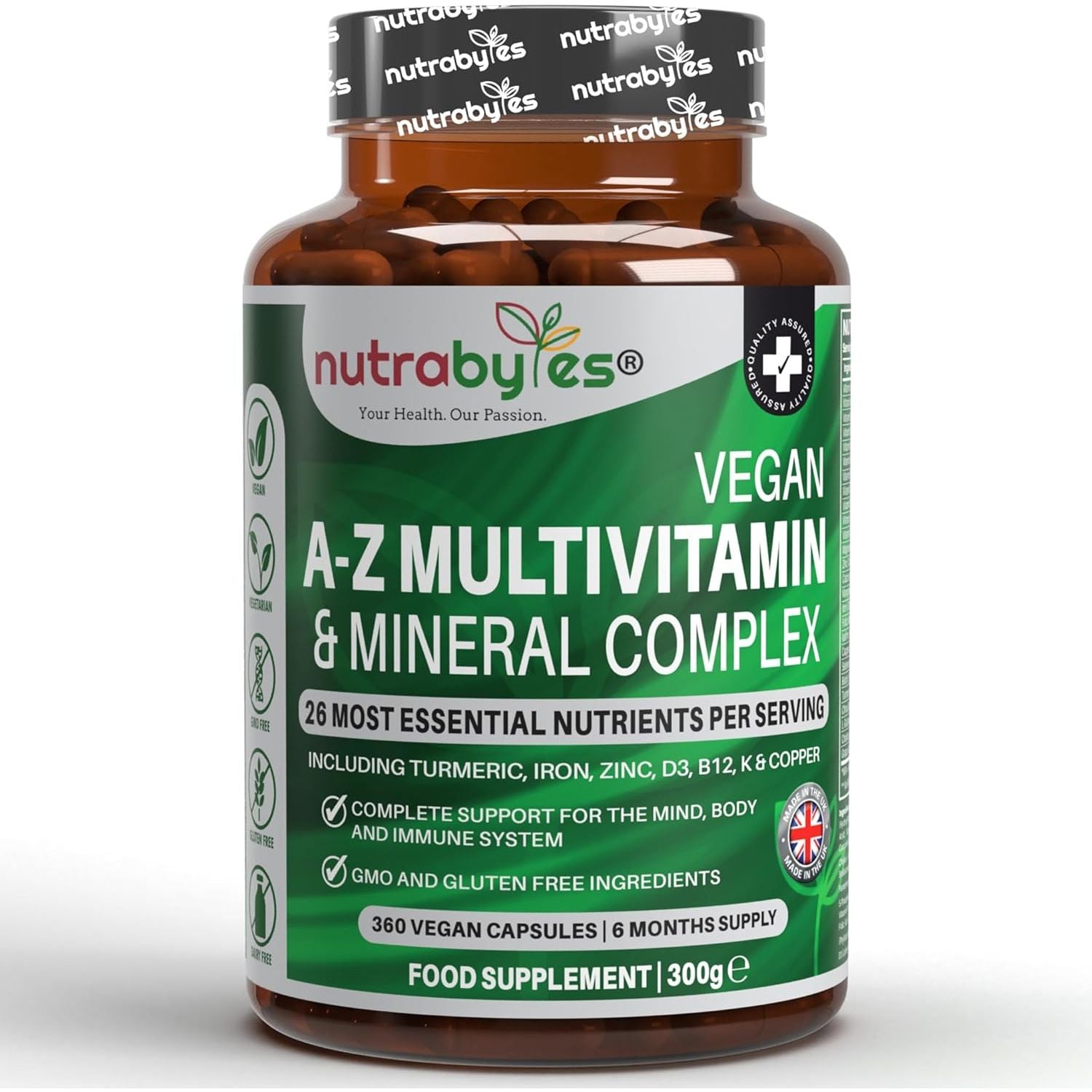 Nutrabytes Vegan A-Z Multivitamin & Mineral Complex Supplement, 360 Capsules | 26 Essential Vitamins & Minerals for Energy, Immune System, Hair, Skin, Bone, Muscle, Brain & Gut Support | for 6 Months