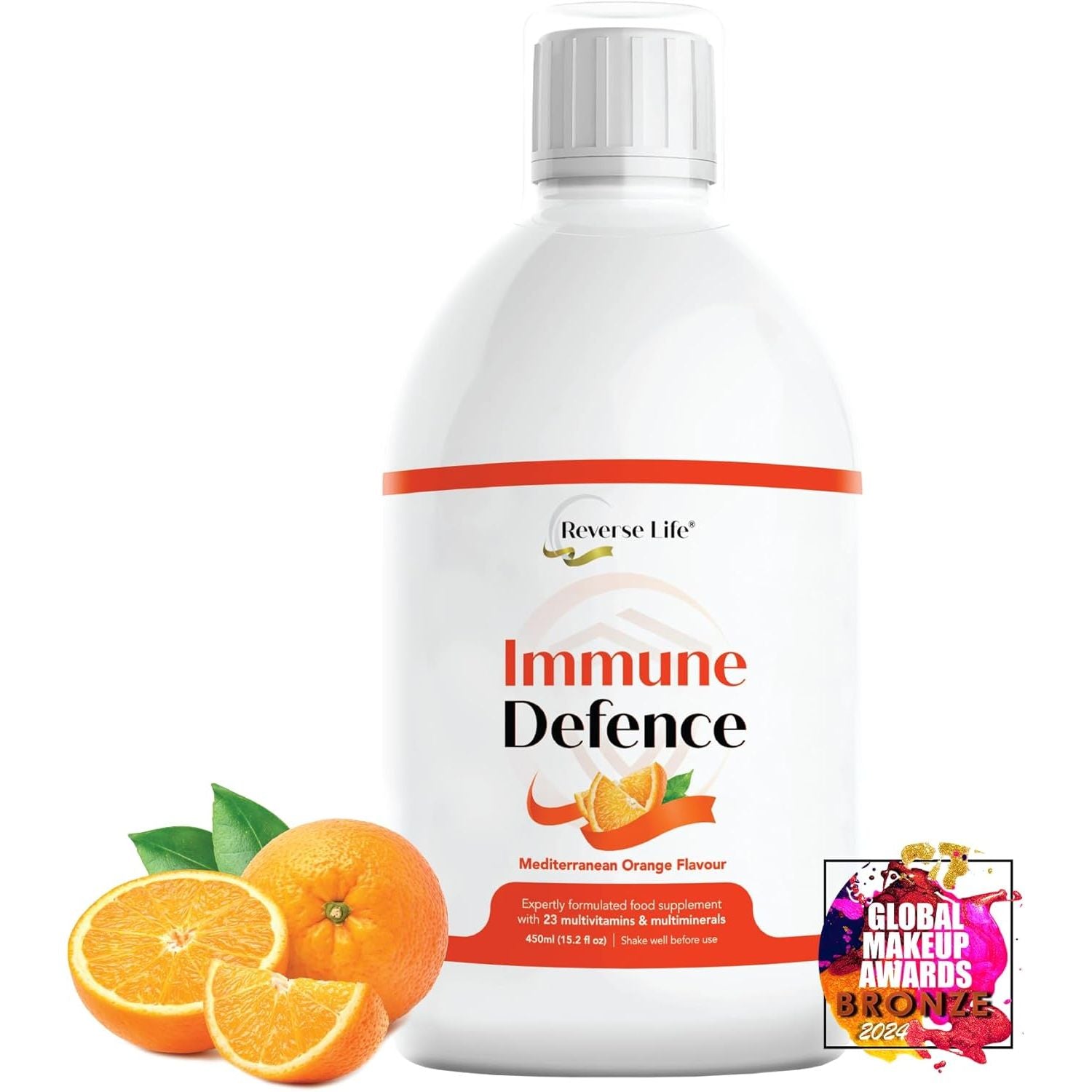 Reverse Life - Immune Defence - Orange Flavour Liquid Multivitamin Drink with 23 Essential Vitamins and Minerals - Maximum Strength Liquid Supplement 500Ml