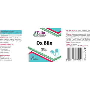 Ox Bile 125Mg 120 Capsules, 3Rd Party Lab Tested, High Strength Supplement, Gluten and GMO Free