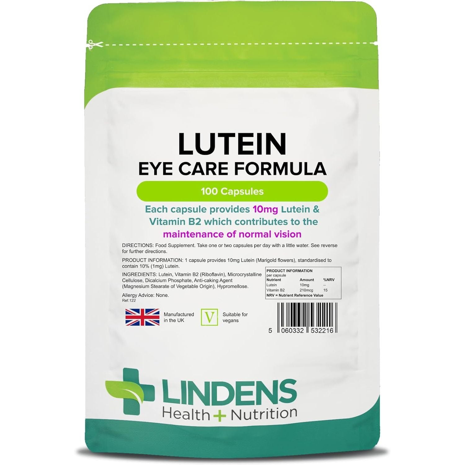 Lindens - Lutein 10Mg, 100 Capsules - UK Made - Marigold Extract with Vitamin B2 - Vision & Eye Health, Standardised Potent Extract - Letterbox Friendly - Vegan