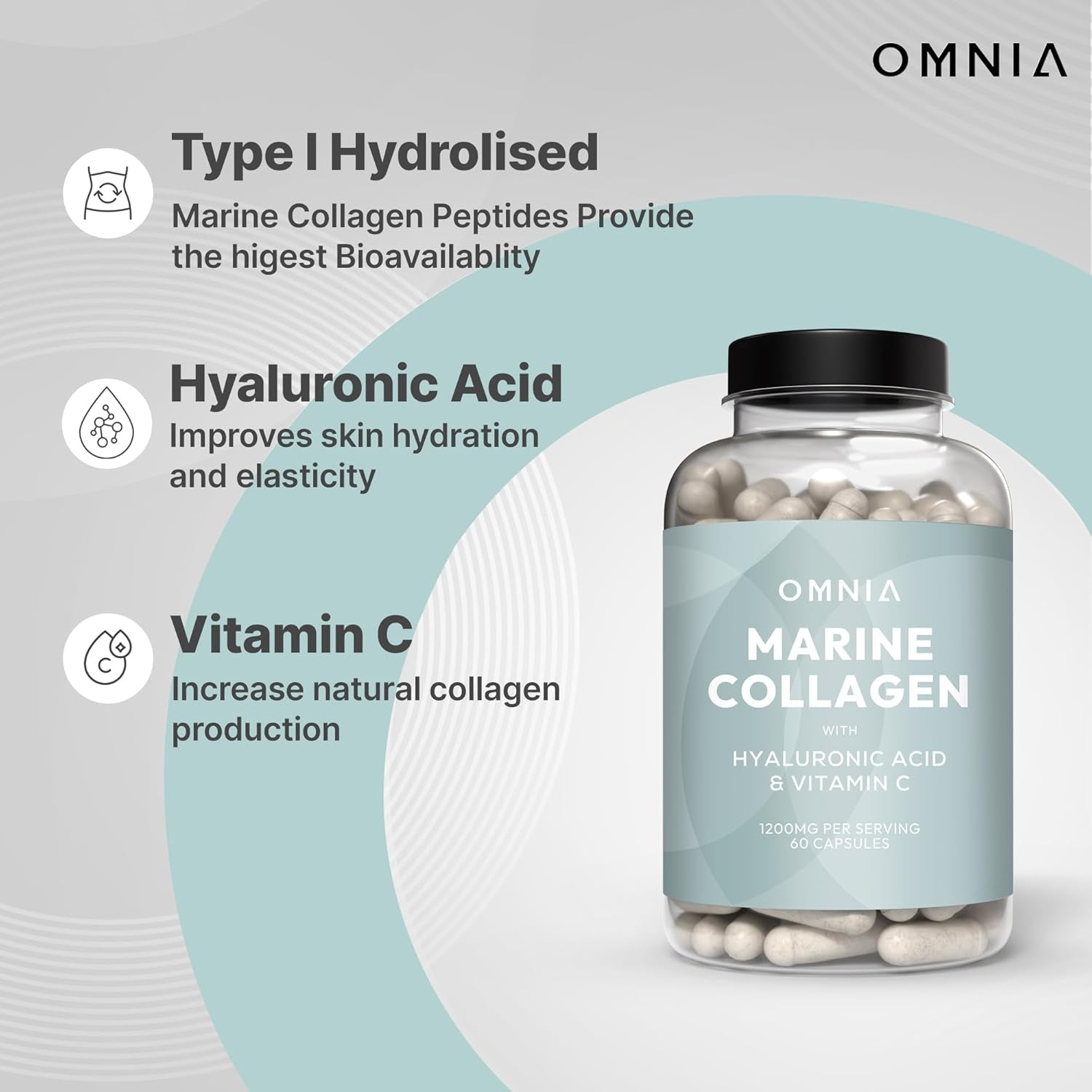 Omnia Marine Collagen Capsules 1200Mg, Premium Skin, Hair & Nail Health Support for Women & Men, Enriched with Type I Collagen, Hyaluronic Acid & Vitamin C, High-Potency Formula, UK Made, 60 Capsules