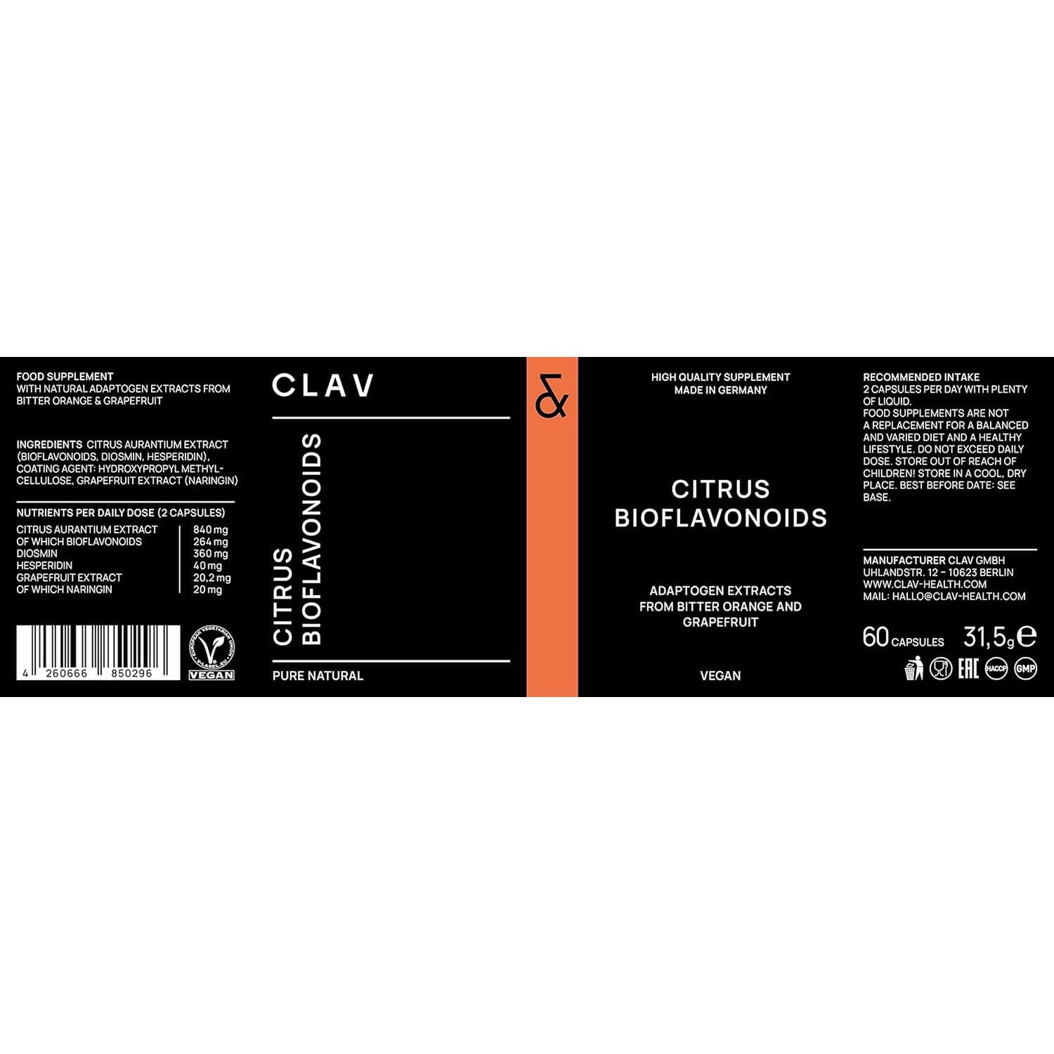 Citrus Bioflavonoids Complex with Diosmin Hesperidin and Naringin - Flavonoids Supplement Made from Bitter Orange and Grapefruit Extract - Circulation Booster - 60 Capsules - Made in Germany