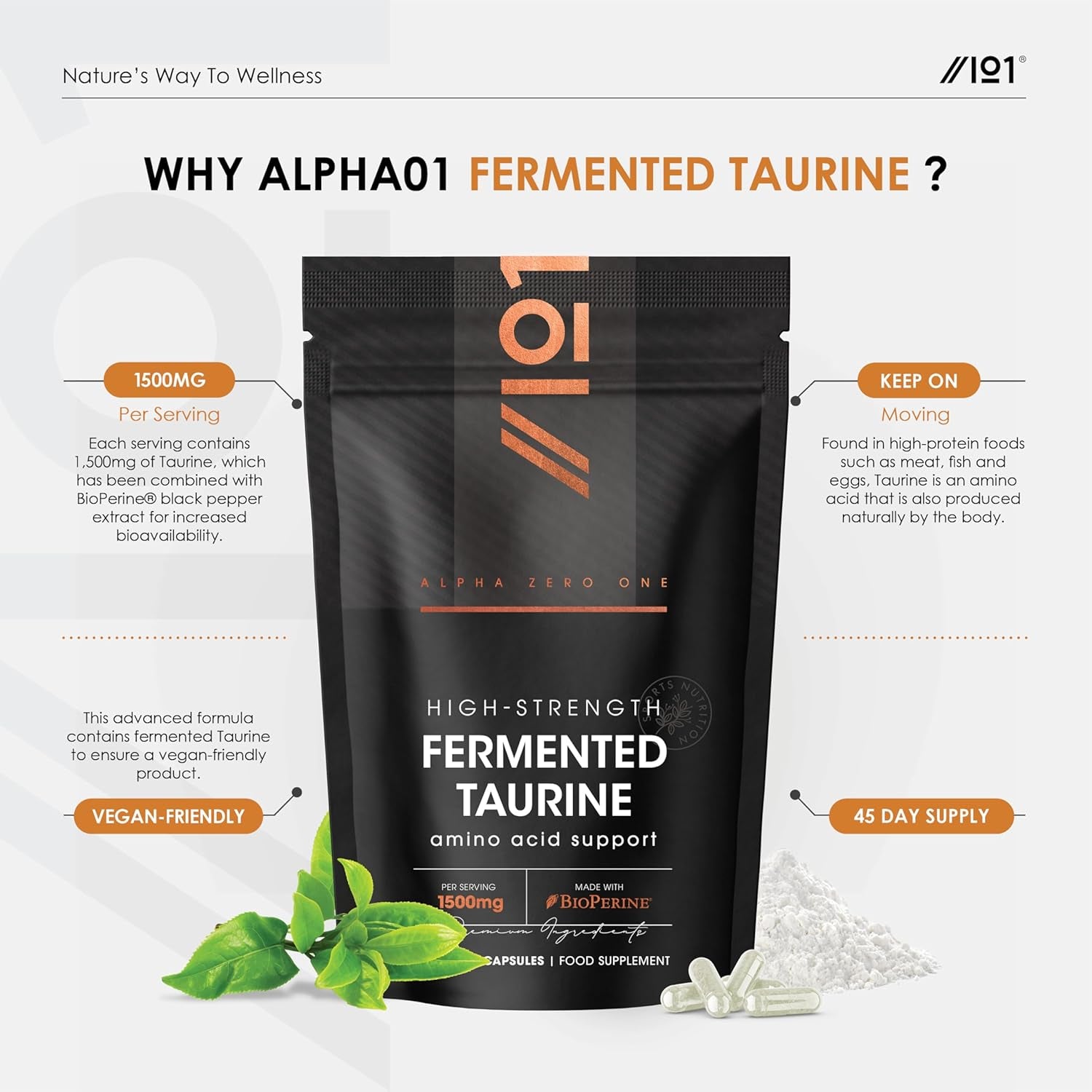 L-Taurine 1500Mg with Bioperine® - 90 Vegan Capsules - Potent Amino Acid Supplement - 45 Day Supply - by Alpha01