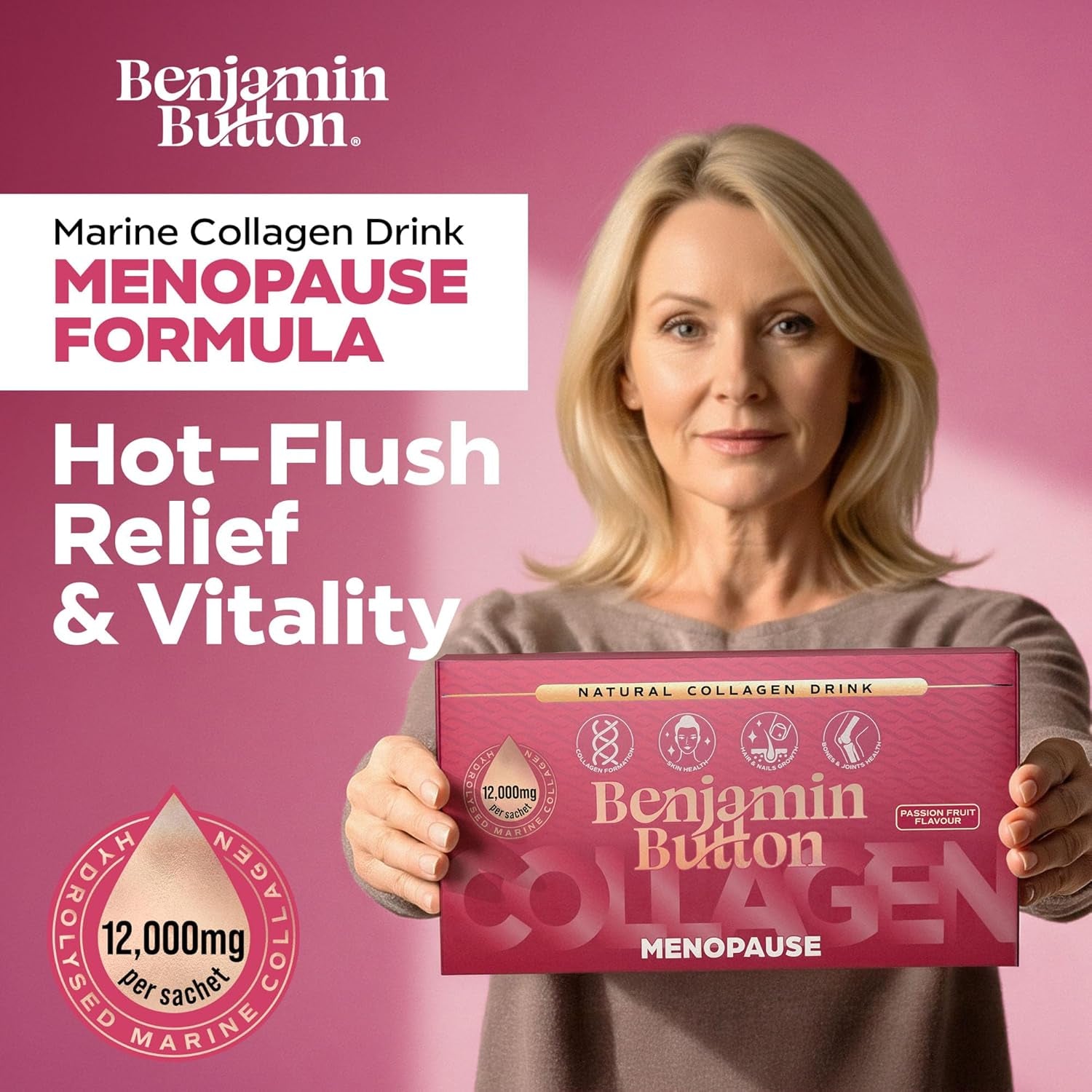 Menopause Collagen Liquid 12,000Mg, 14X Marine Collagen Peptide Sachets with Red Clover, Maca, Reishi, Vitamins C D3 K2, Biotin & Zinc, Skin, Hair, Joint & Hormone Support - Passion Fruit