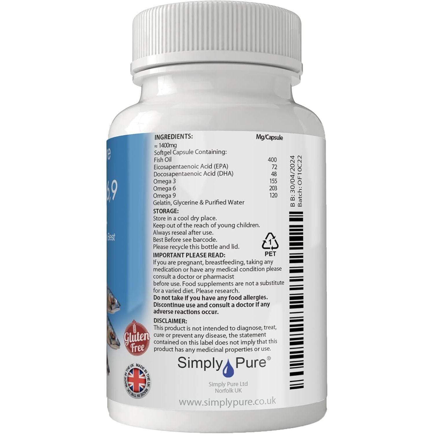 Simply Pure Omega 3,6,9 Fish Oil Complex with Flaxseed & Vitamin E for Heart Health and Joint Stiffness | Distilled for No Fishy Aftertaste | DHA and EPA | 1400Mg Capsules X 60 | Gluten Free | GM Free