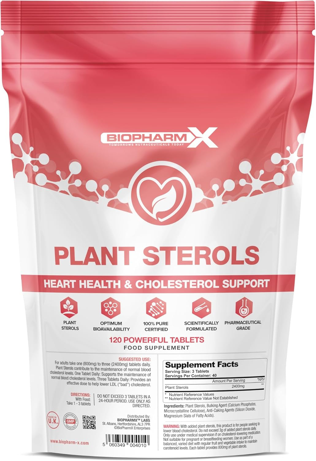 High Strength Plant Sterols 2400Mg per Serving (120 Vegan Tablets) Beta-Sitosterol Formula to Lower Cholesterol - Heart & Cardiovascular Support – Suitable for Vegans