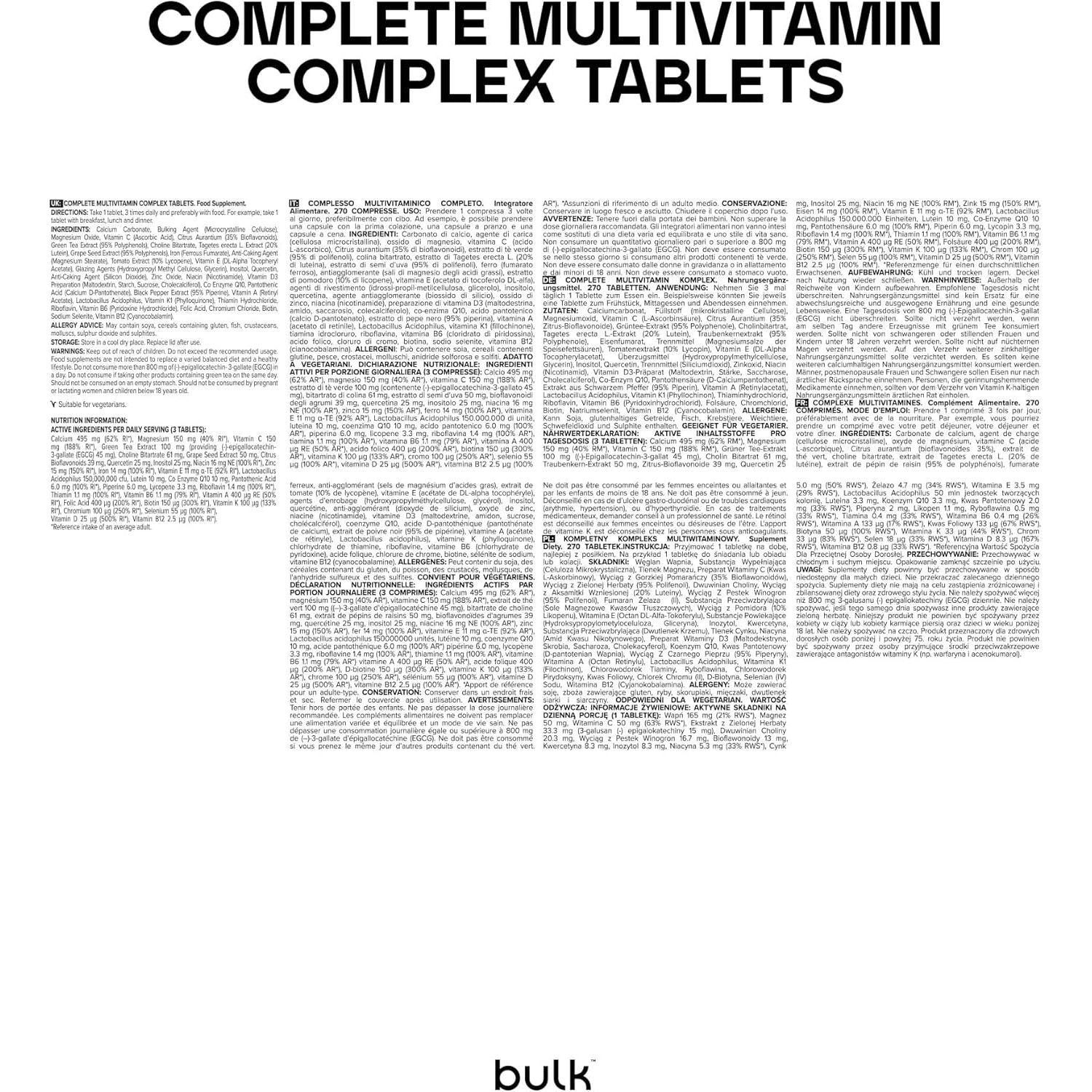 Bulk Complete Multivitamin Complex Tablets, 30 Vitamins, Minerals & Other Active Ingredients, Pack of 270, 270 Servings, Packaging May Vary