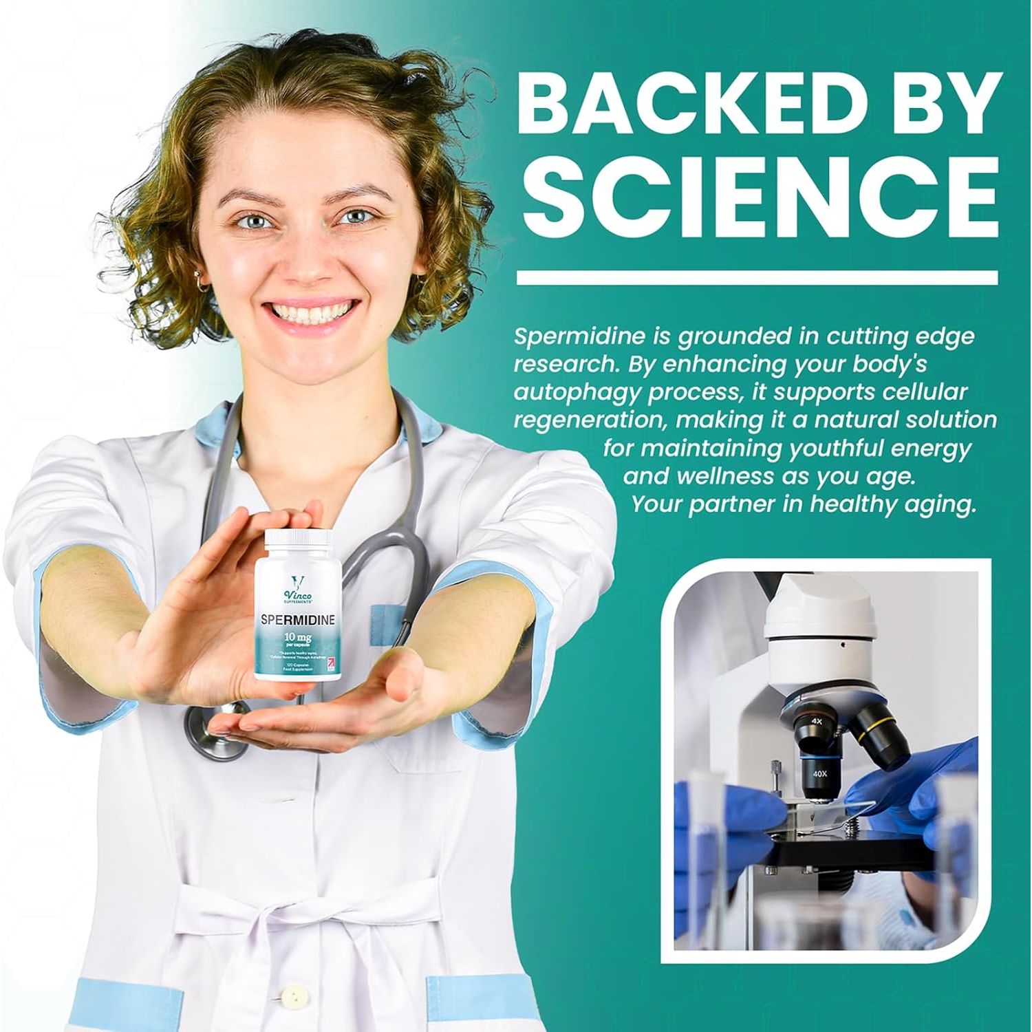 Vinco Spermidine Supplement - 10Mg X 120 High Strength Spermidine Capsules - 99% Purity - Supports Healthy Ageing & Longevity - Non GMO & Gluten Free - Made in the UK