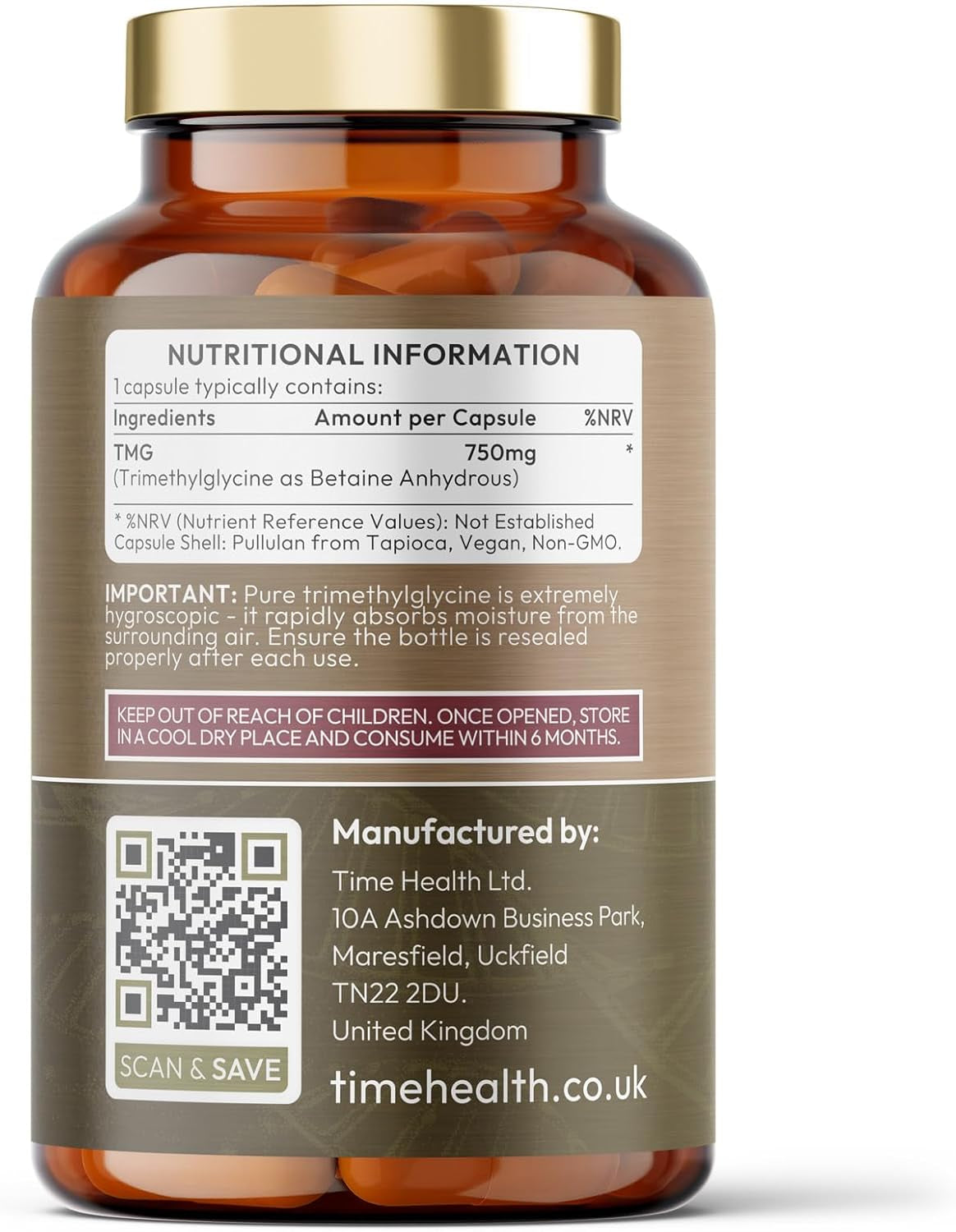 TMG (Trimethylglycine) - 120 X 750Mg Capsules - for Optimal Methylation & Homocysteine Levels - Ultra Pure & High Strength - UK Made to GMP Standards - Pullulan
