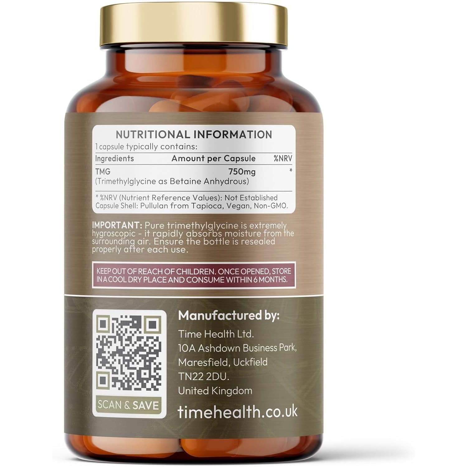 TMG (Trimethylglycine) - 120 X 750Mg Capsules - for Optimal Methylation & Homocysteine Levels - Ultra Pure & High Strength - UK Made to GMP Standards - Pullulan