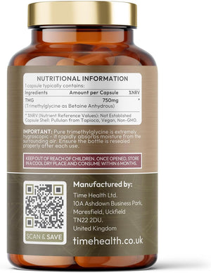 TMG (Trimethylglycine) - 120 X 750Mg Capsules - for Optimal Methylation & Homocysteine Levels - Ultra Pure & High Strength - UK Made to GMP Standards - Pullulan